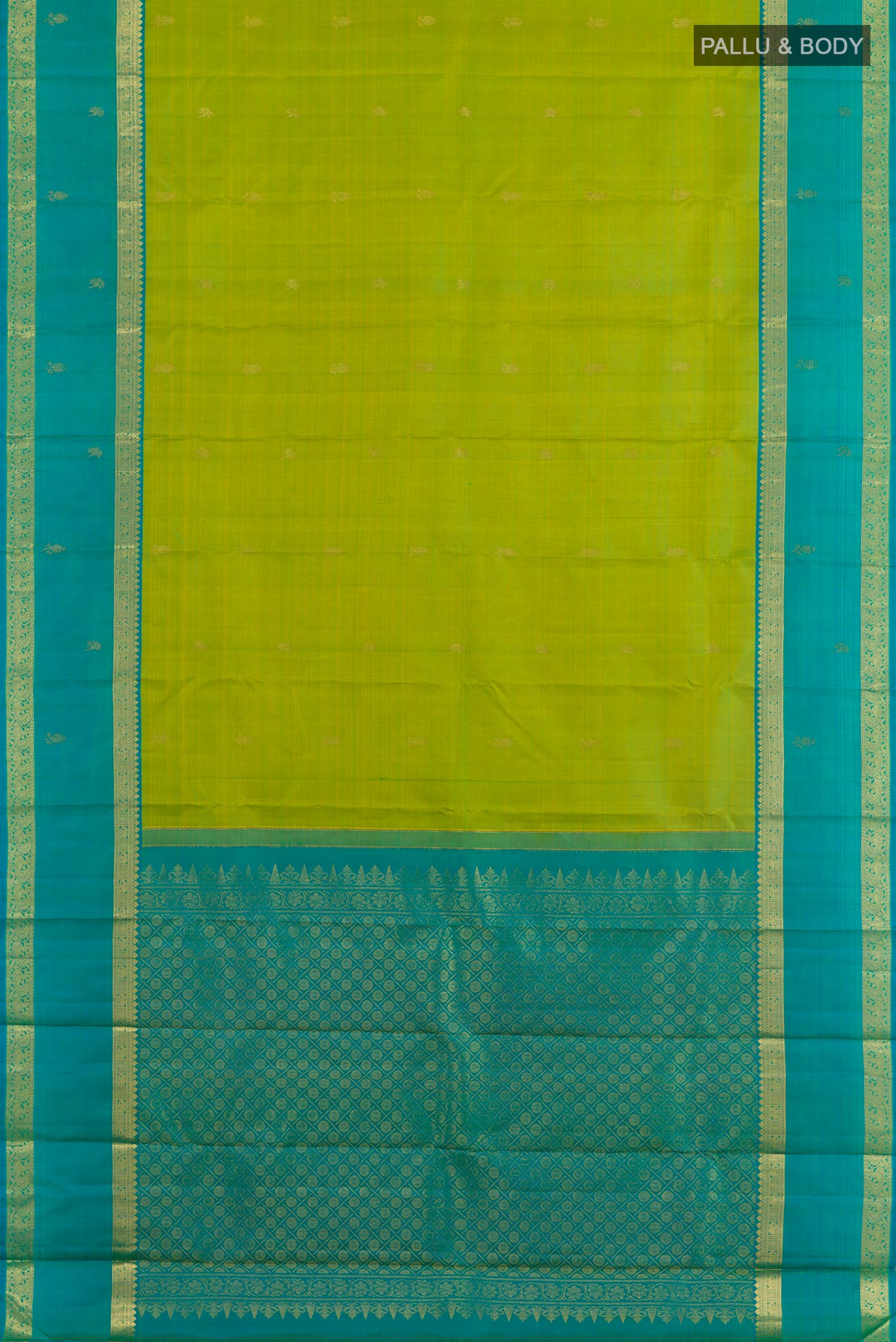 Flat view of Green Kanjivaram Silk Saree with Zari Butta on the body and Zari Border. 