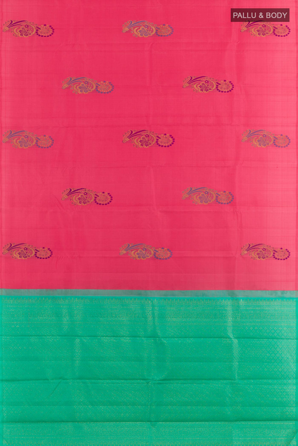 Flat view of Pink Kanjivaram Silk Saree with Zari Butta on the body and Zari Border. 
