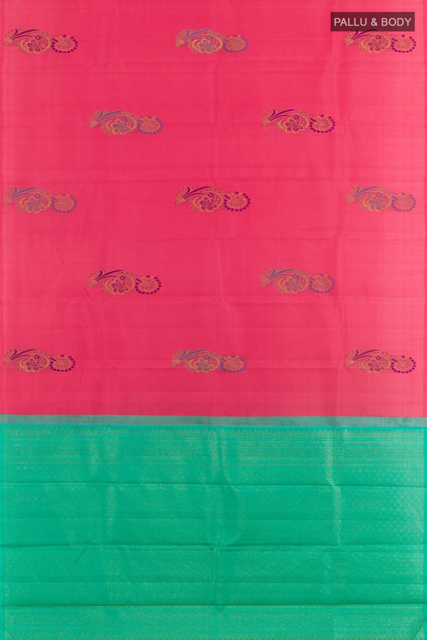 Flat view of Pink Kanjivaram Silk Saree with Zari Butta on the body and Zari Border. 