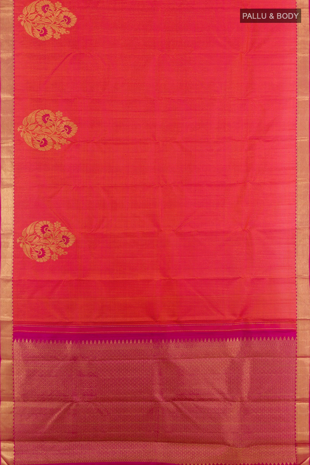 Flat view of Pink Kanchipuram Silk Saree with Zari Butta on the body and Zari Border. 