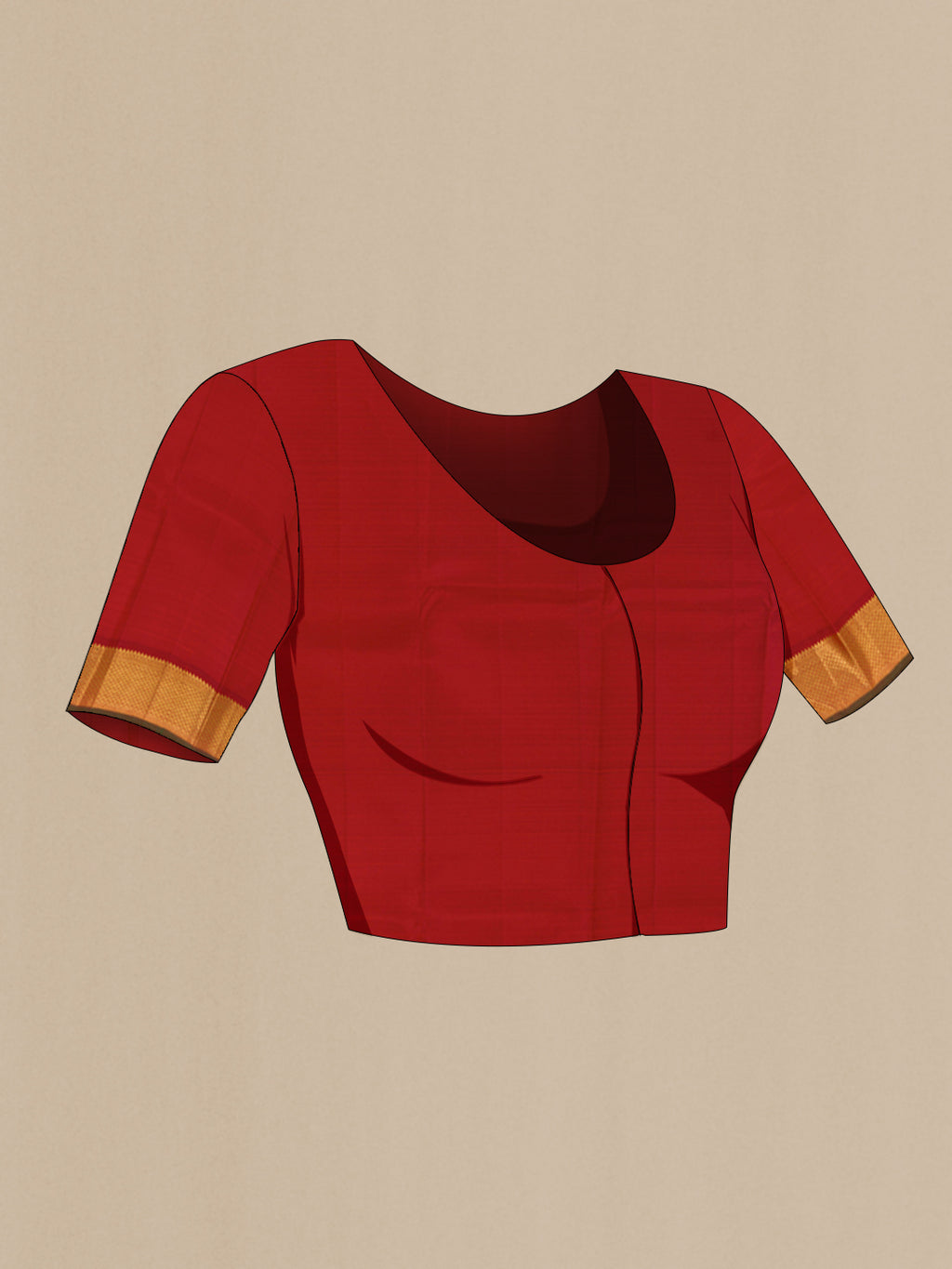 Close up image of the blouse of Brick Orange Kanchipuram Silk Saree with Jacquard design on the body and Zari Border. 