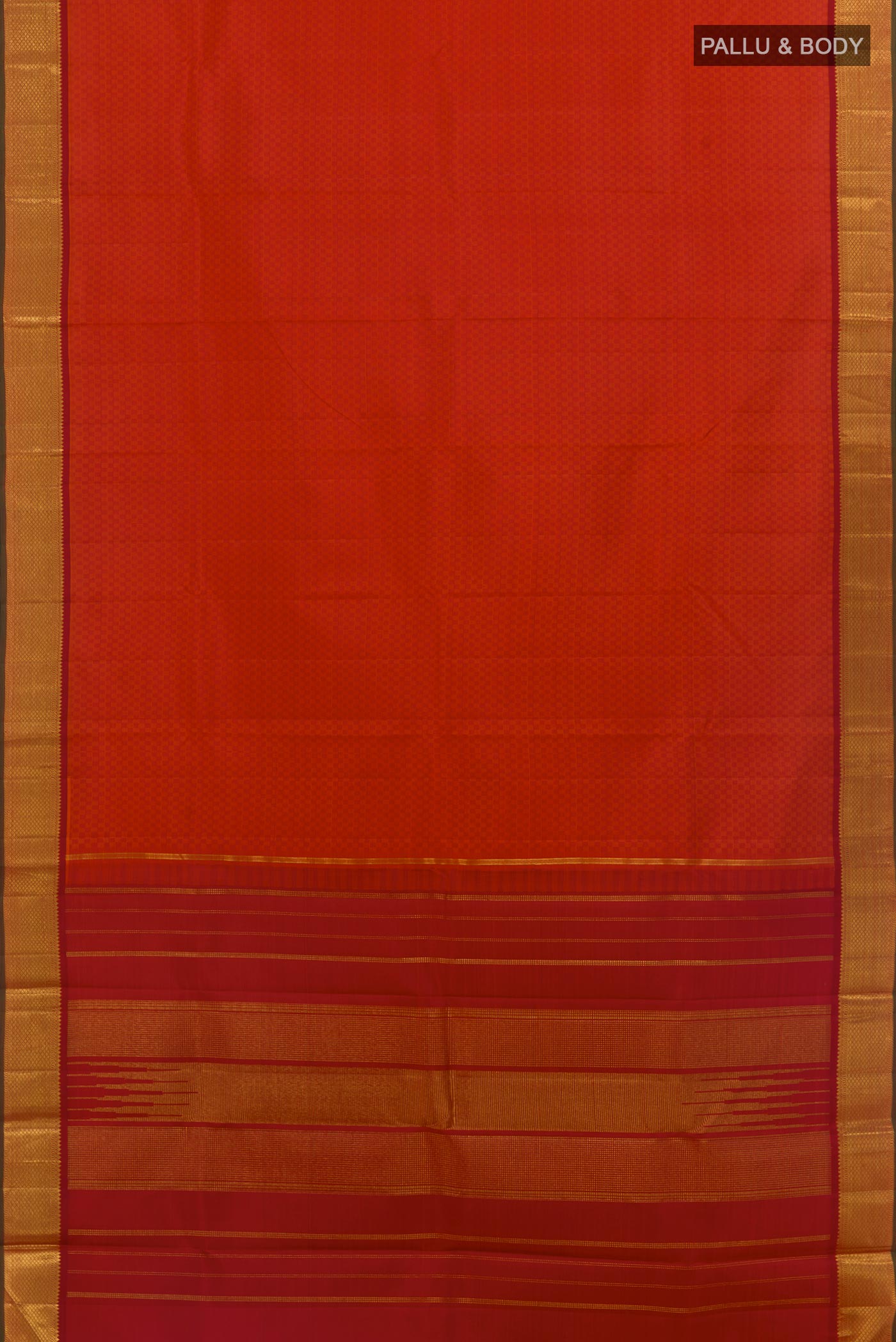 Flat view of Brick Orange Kanchipuram Silk Saree with Jacquard design on the body and Zari Border. 