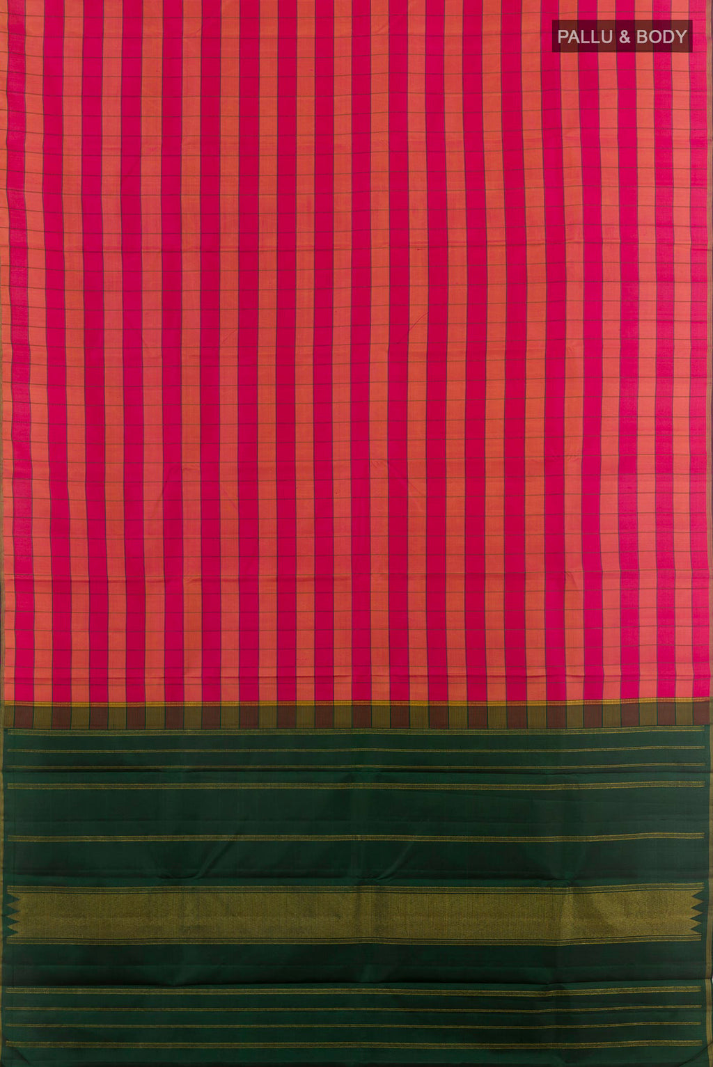 Flat view of Pink Kanchipuram Silk Saree with Checked design on the body and Zari Border. 