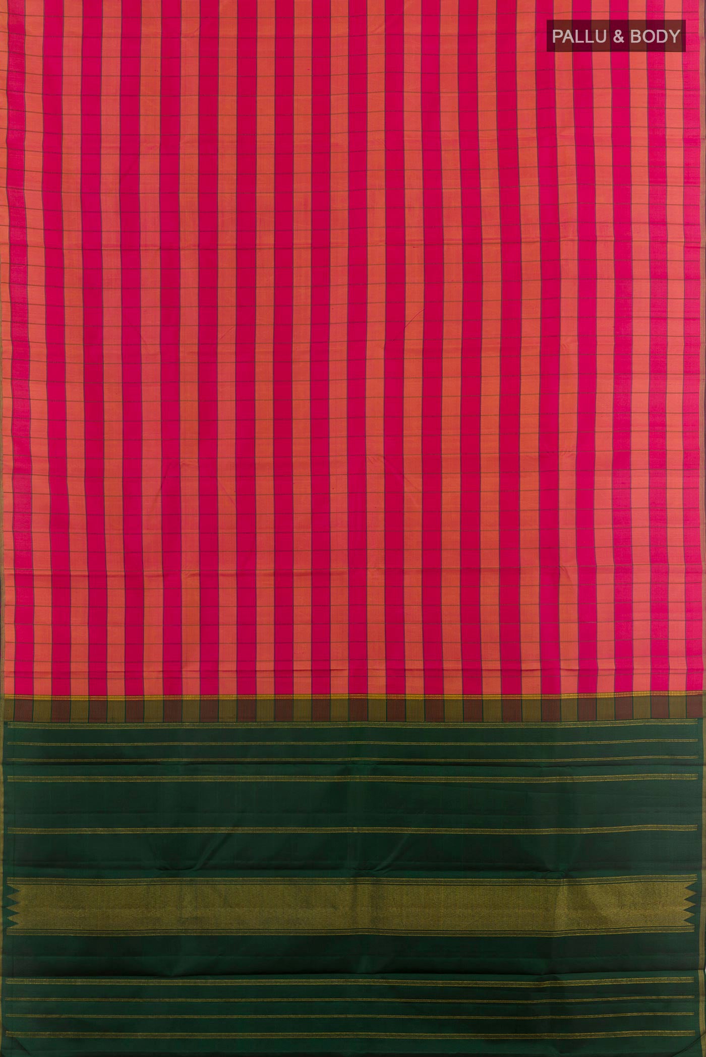 Flat view of Pink Kanchipuram Silk Saree with Checked design on the body and Zari Border. 