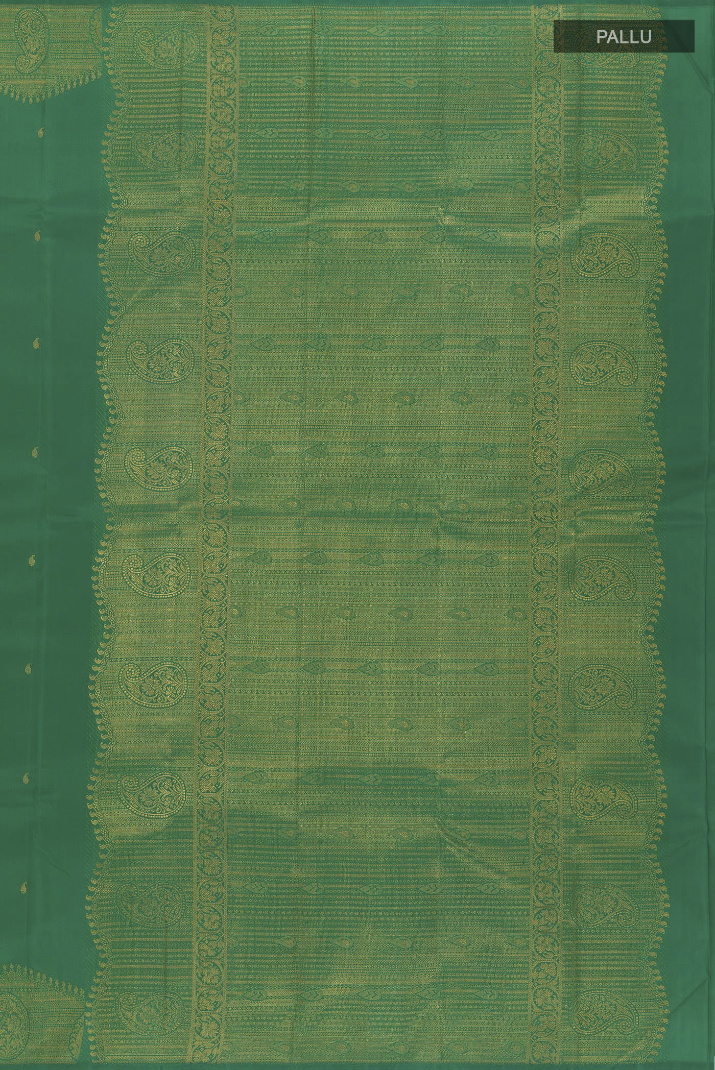 Close up image of the pallu of Green Kanjivaram Silk Saree with Zari Butta on the body and Zari Border. 