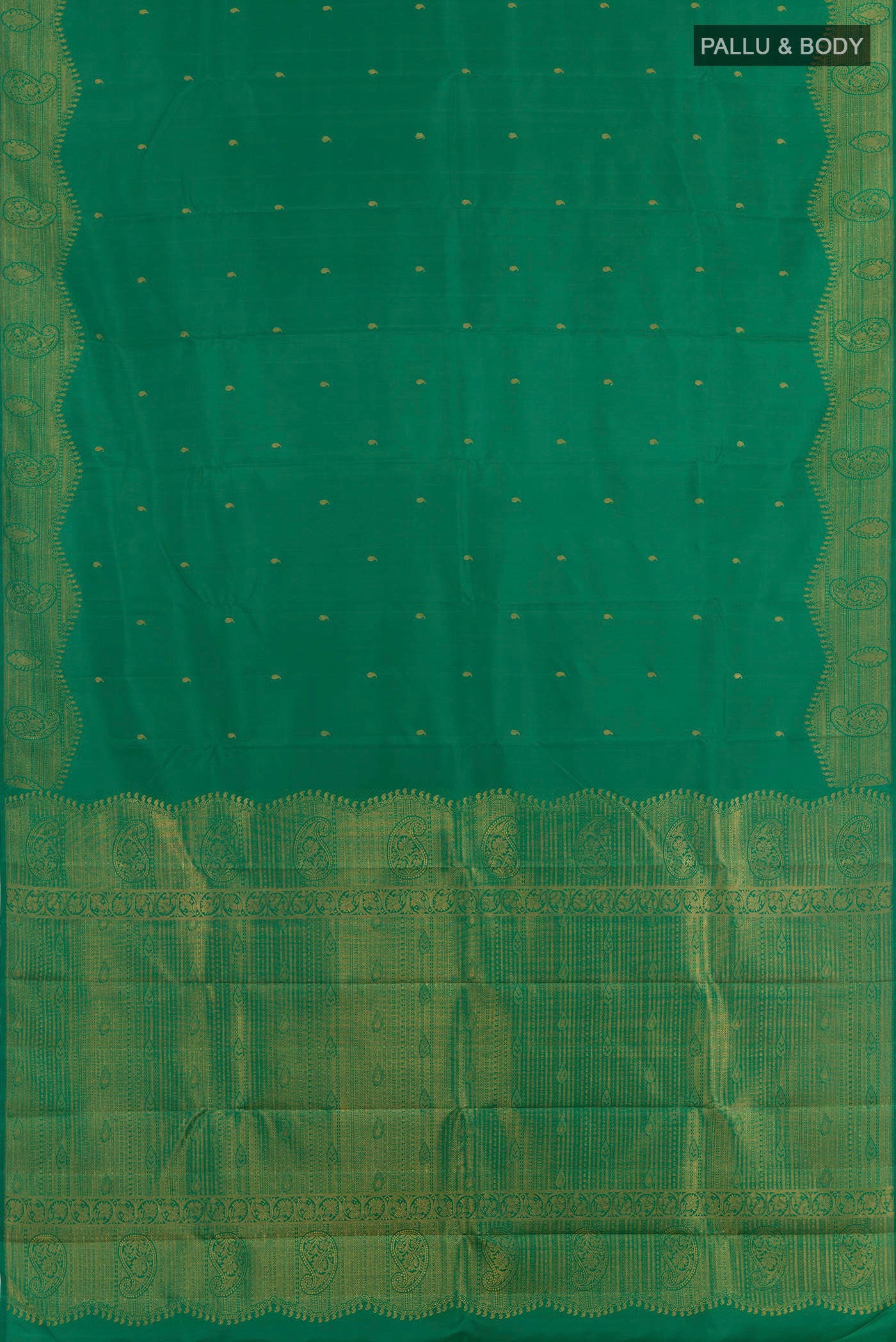 Flat view of Green Kanjivaram Silk Saree with Zari Butta on the body and Zari Border. 