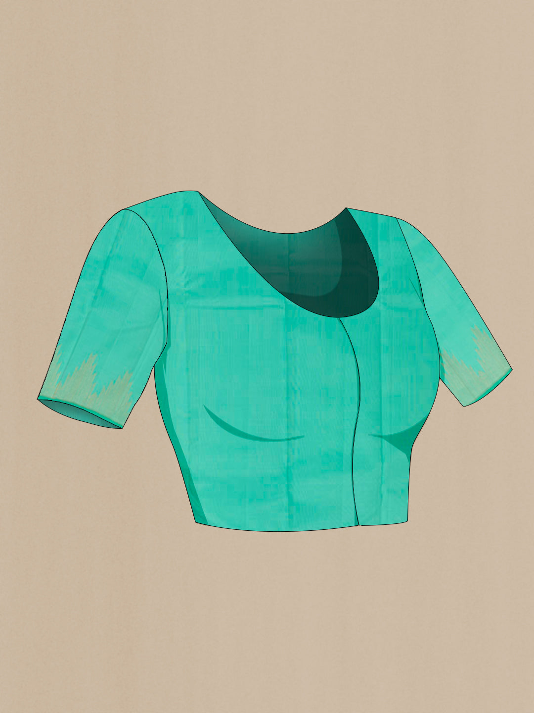 Close up image of the blouse of Sea Green Kanjivaram Silk Saree with Zari Butta on the body and Zari Border. 