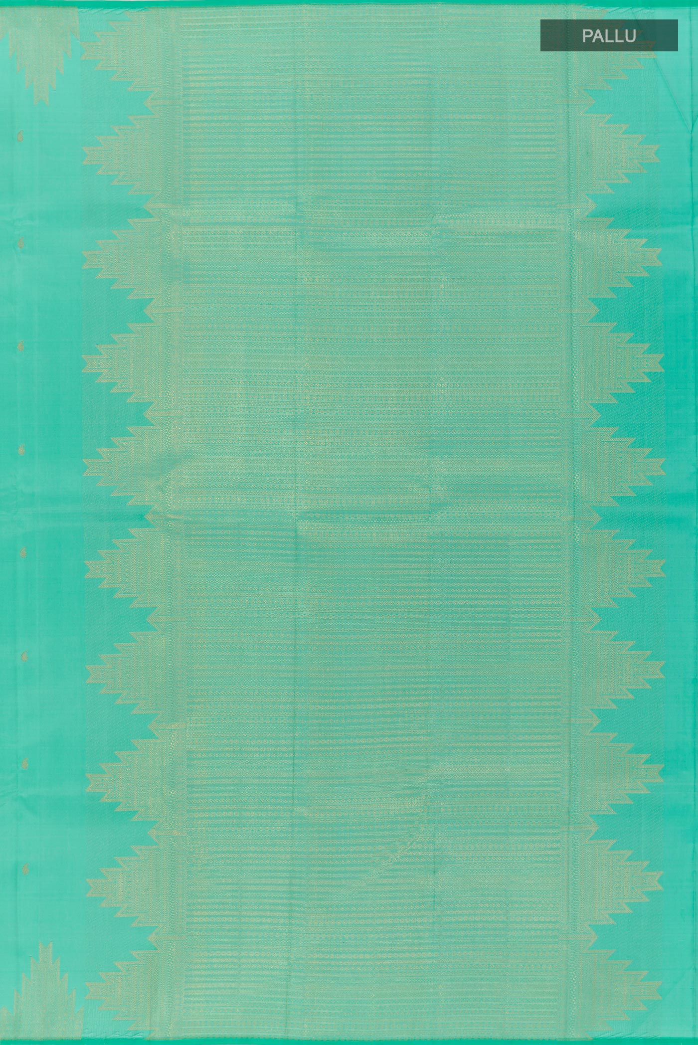Close up image of the pallu of Sea Green Kanjivaram Silk Saree with Zari Butta on the body and Zari Border. 