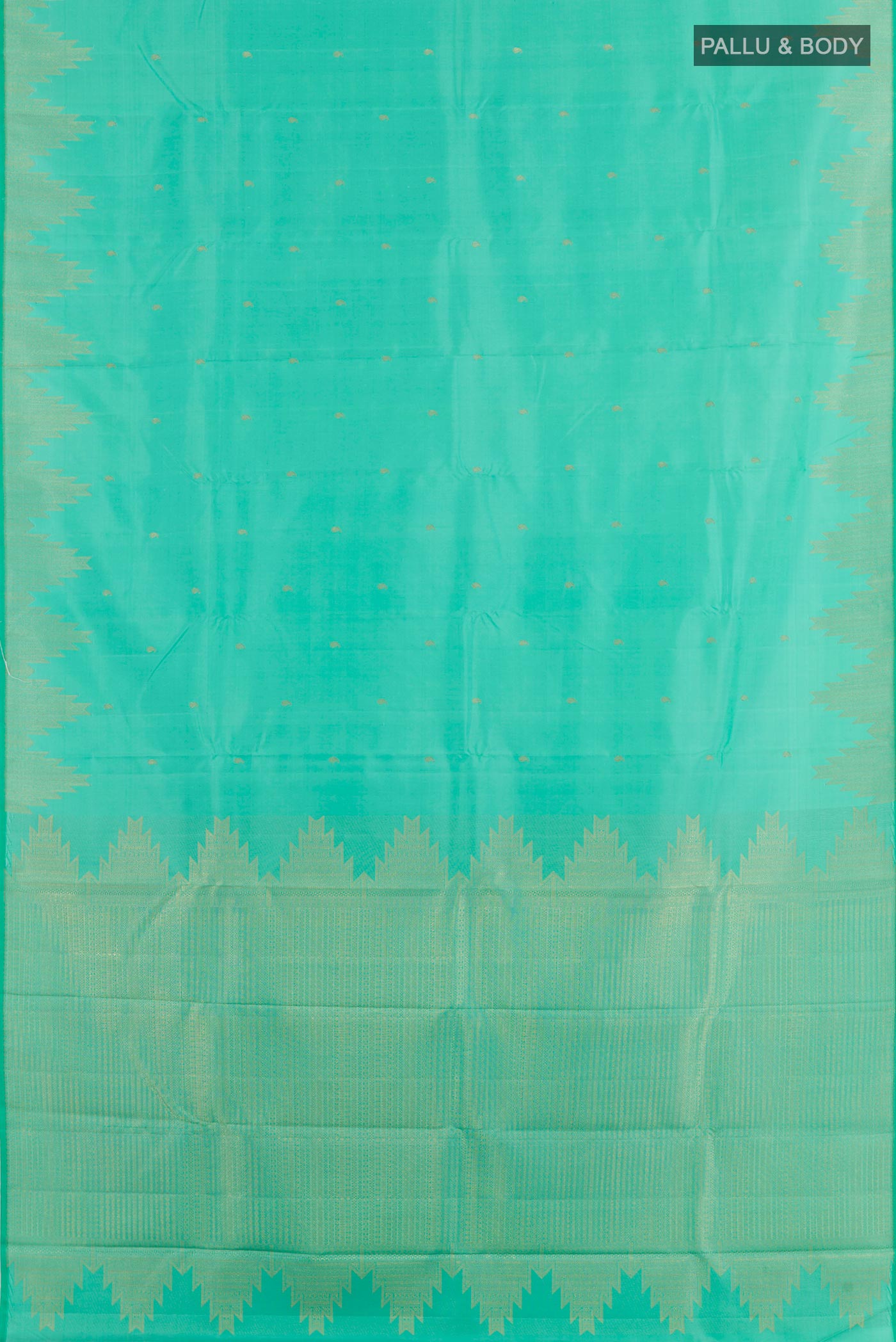 Flat view of Sea Green Kanjivaram Silk Saree with Zari Butta on the body and Zari Border. 