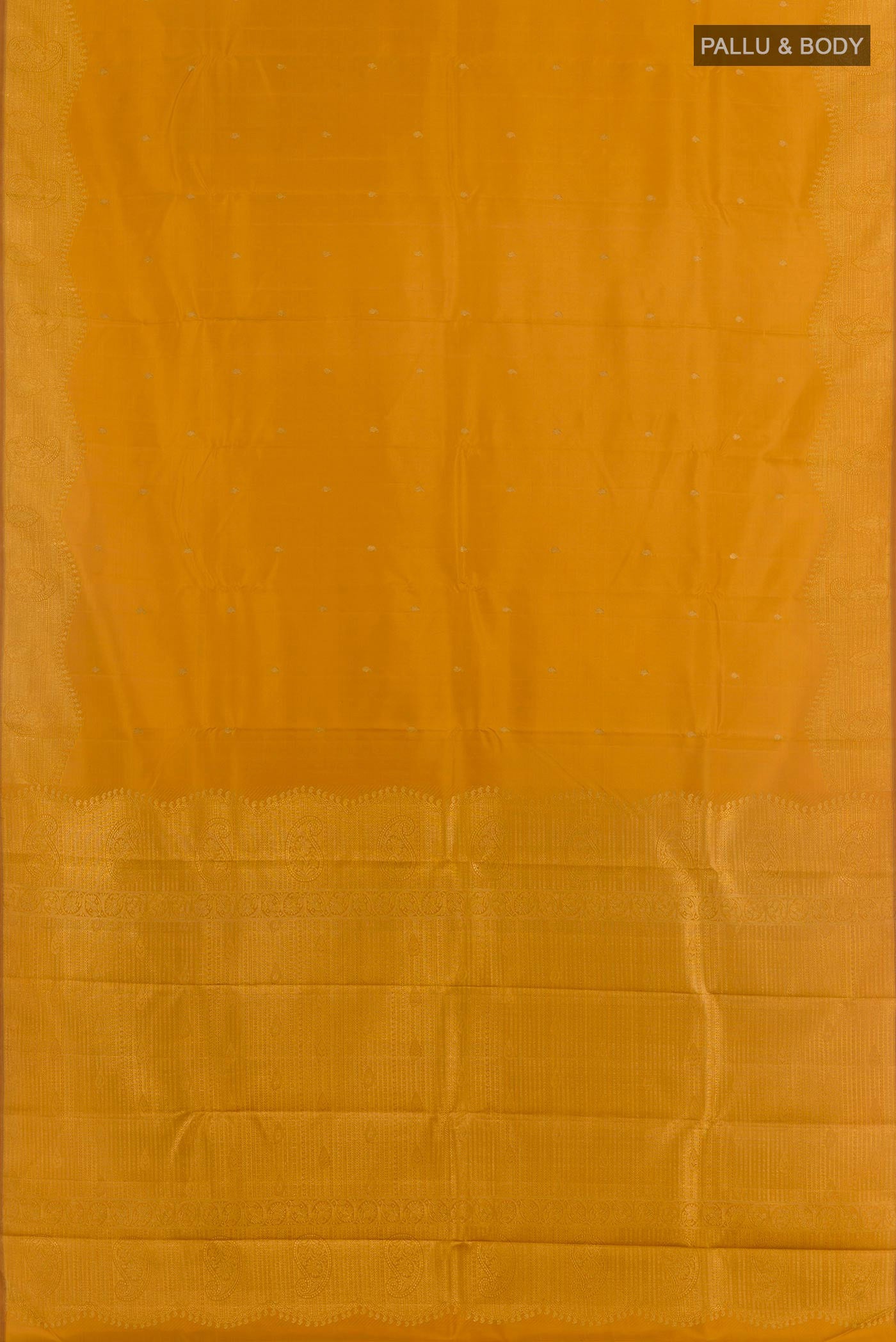 Flat view of Mustard Kanjivaram Silk Saree with Zari Butta on the body and Zari Border. 