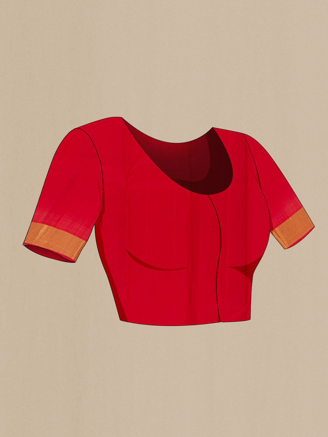 Close up image of the blouse of Red Kanjivaram Silk Saree with Zari Butta on the body and Zari Border. 