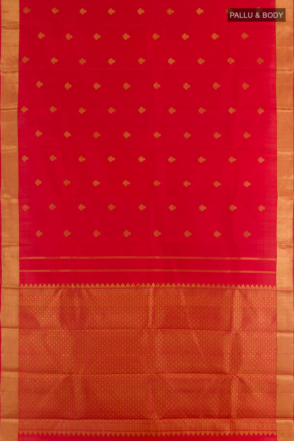 Flat view of Red Kanjivaram Silk Saree with Zari Butta on the body and Zari Border. 