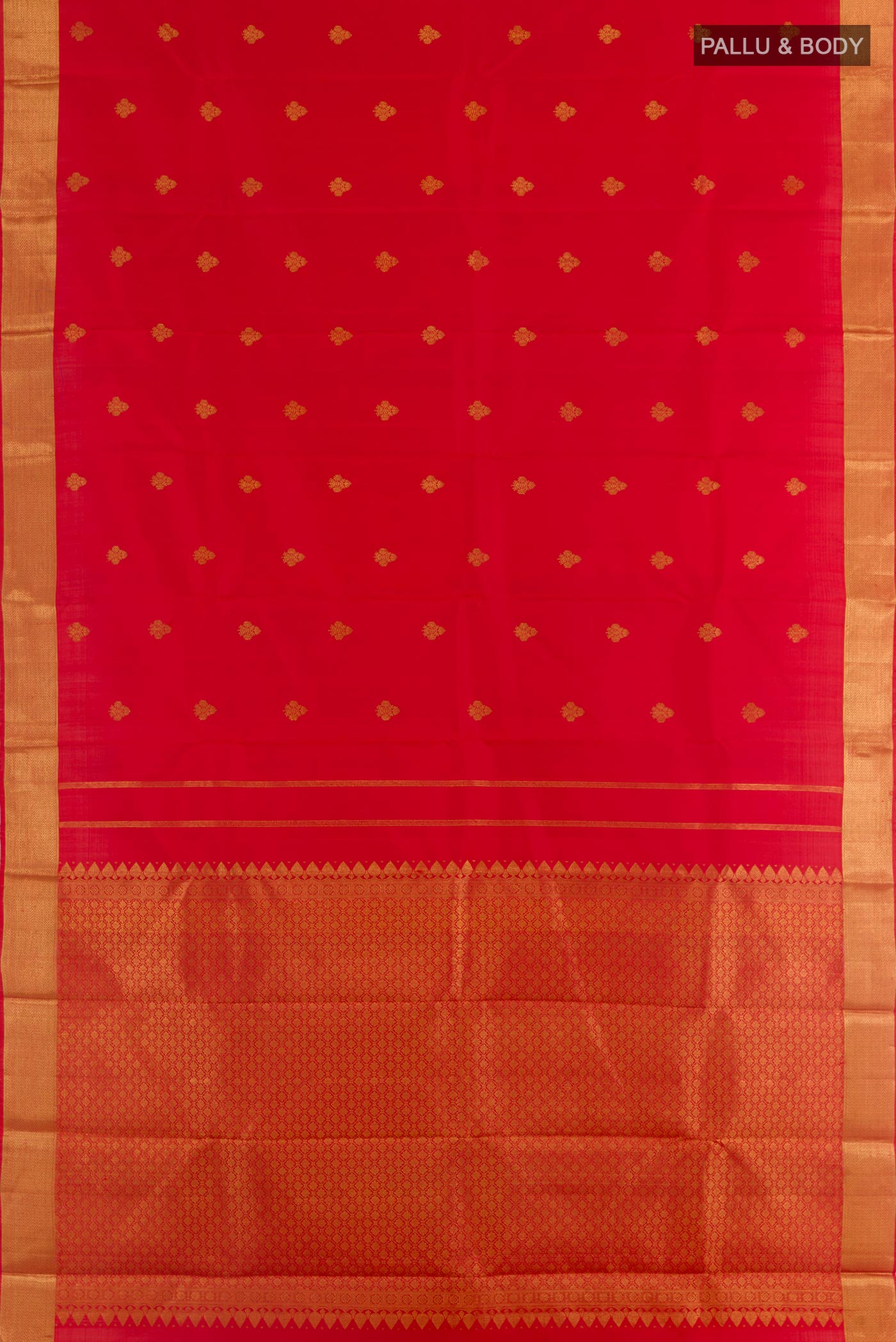 Flat view of Red Kanjivaram Silk Saree with Zari Butta on the body and Zari Border. 