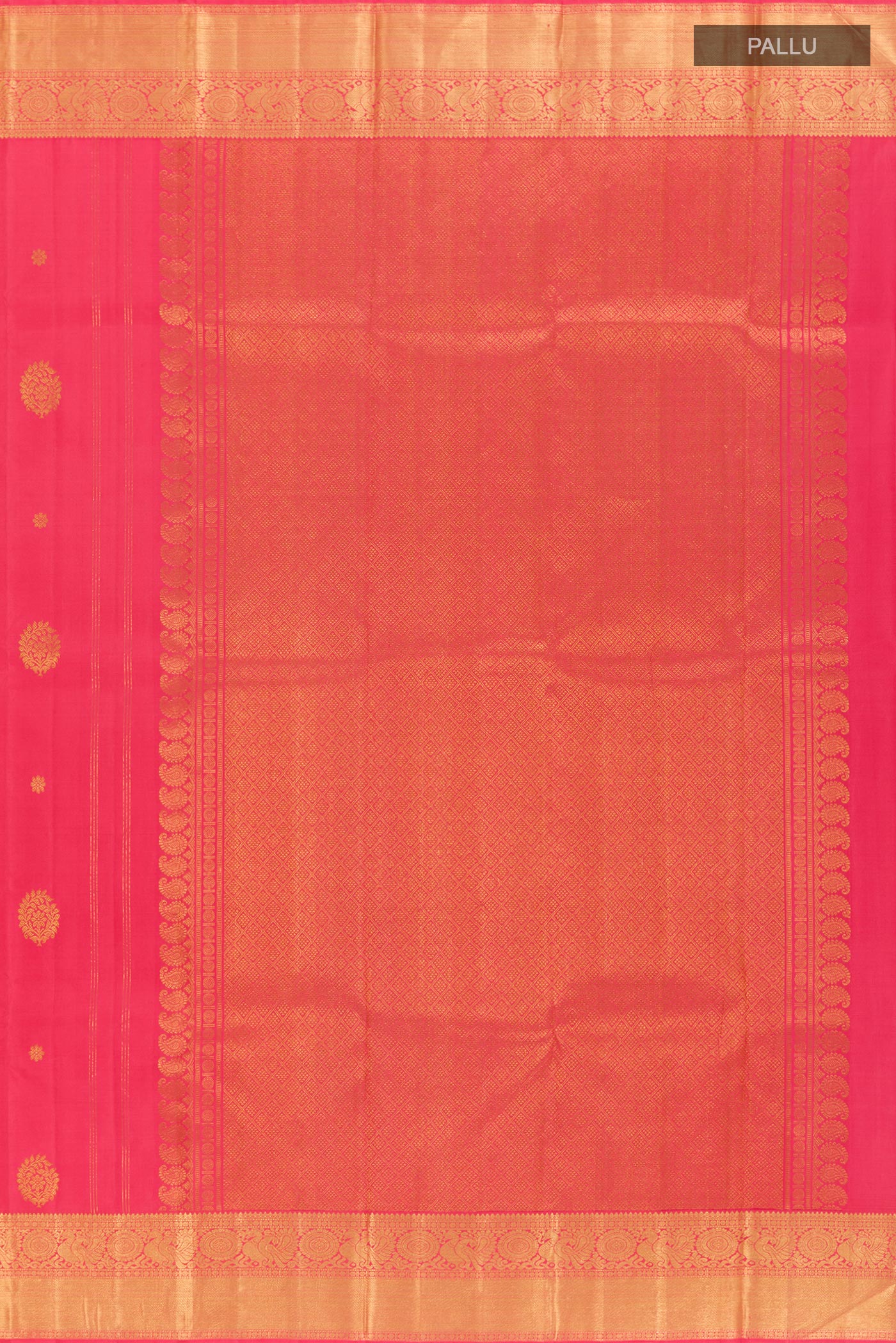 Close up image of the pallu of Pink Kanjivaram Silk Saree with Zari Butta on the body and Zari Border. 