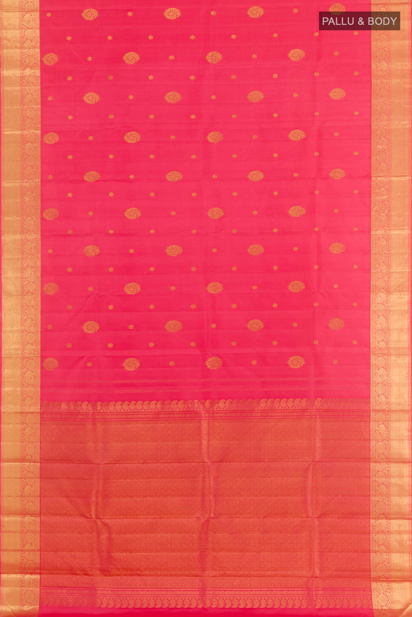 Flat view of Pink Kanjivaram Silk Saree with Zari Butta on the body and Zari Border. 
