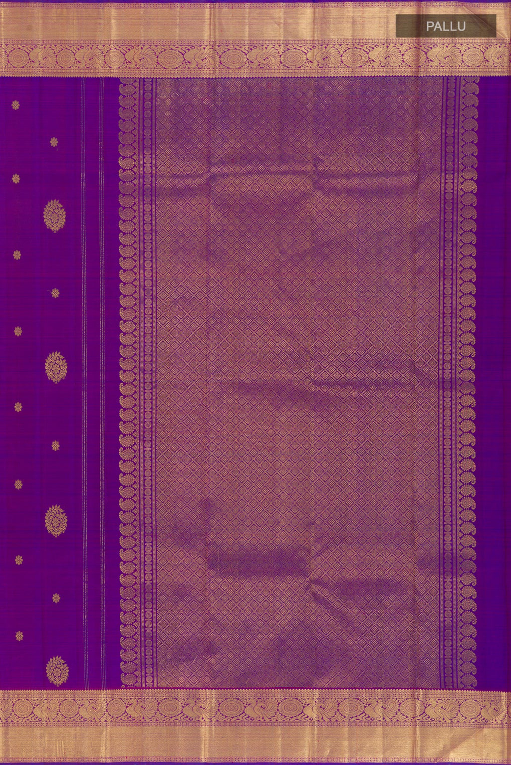 Close up image of the pallu of Purple Kanjivaram Silk Saree with Zari Butta on the body and Zari Border. 