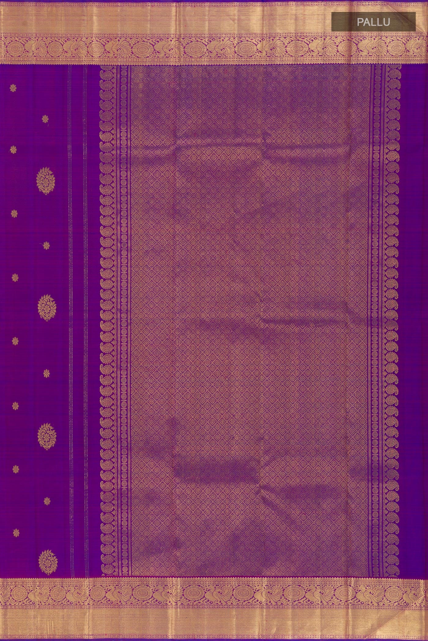 Close up image of the pallu of Purple Kanjivaram Silk Saree with Zari Butta on the body and Zari Border. 