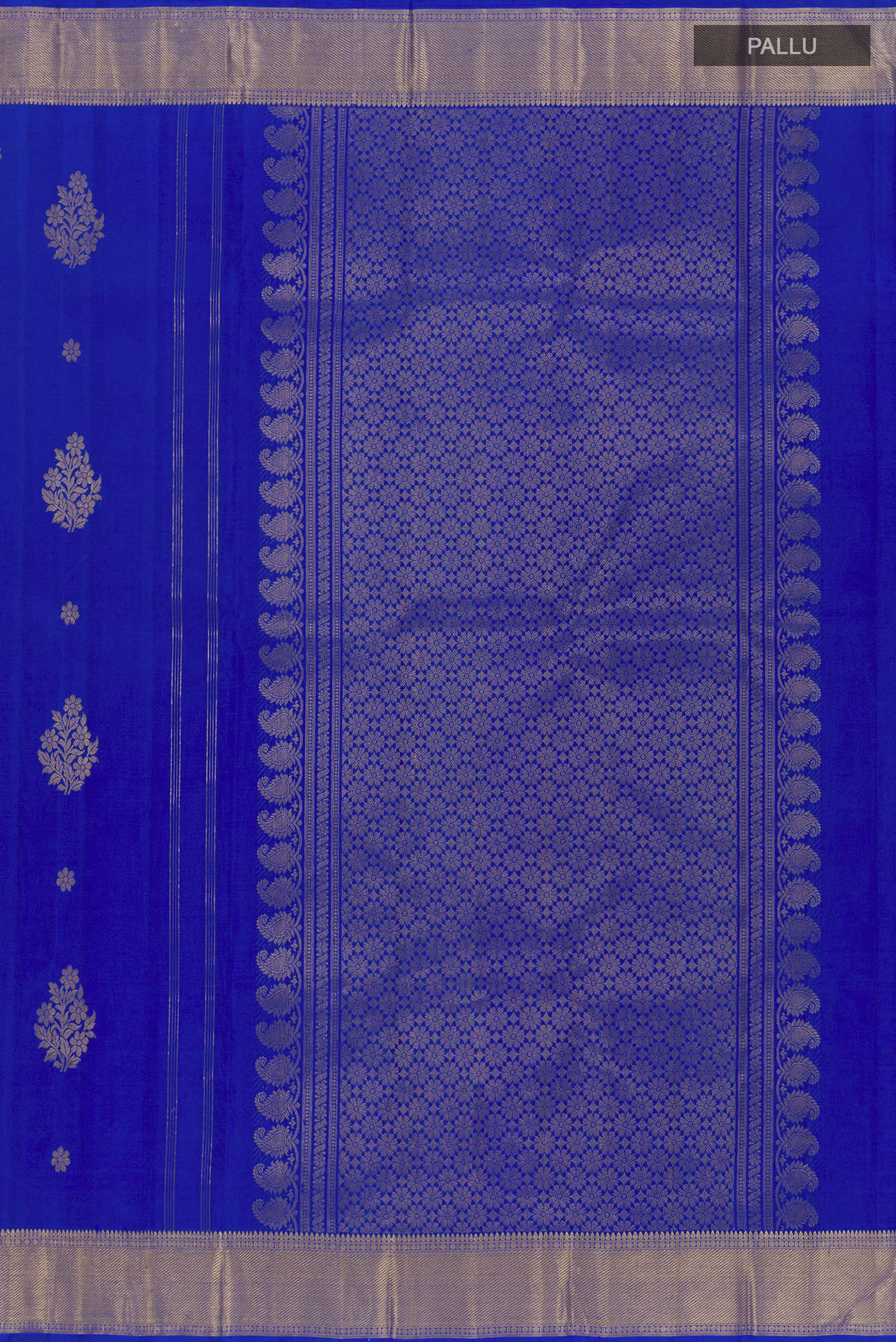 Close up image of the pallu of Blue Kanjivaram Silk Saree with Zari Butta on the body and Zari Border. 