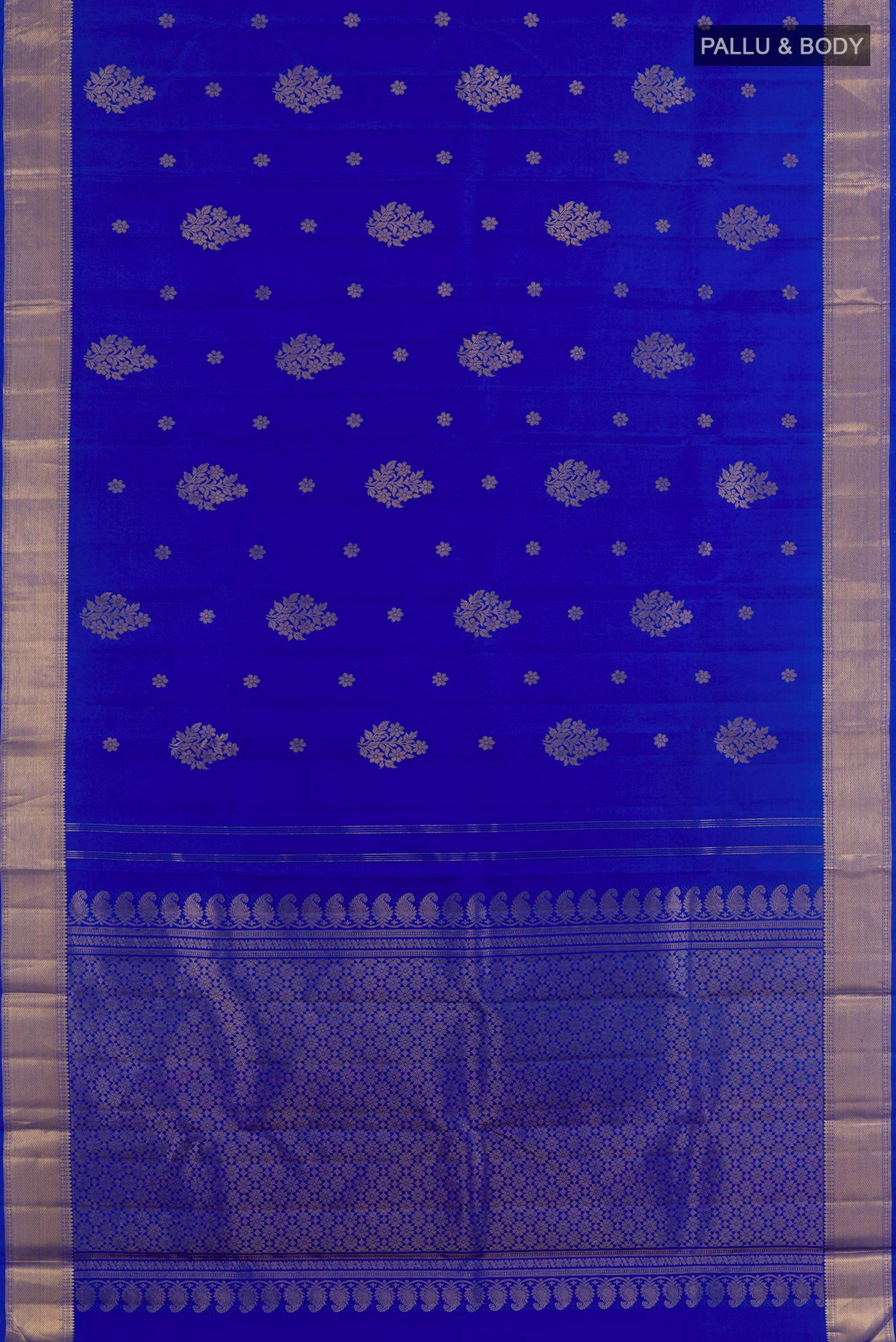 Flat view of Blue Kanjivaram Silk Saree with Zari Butta on the body and Zari Border. 