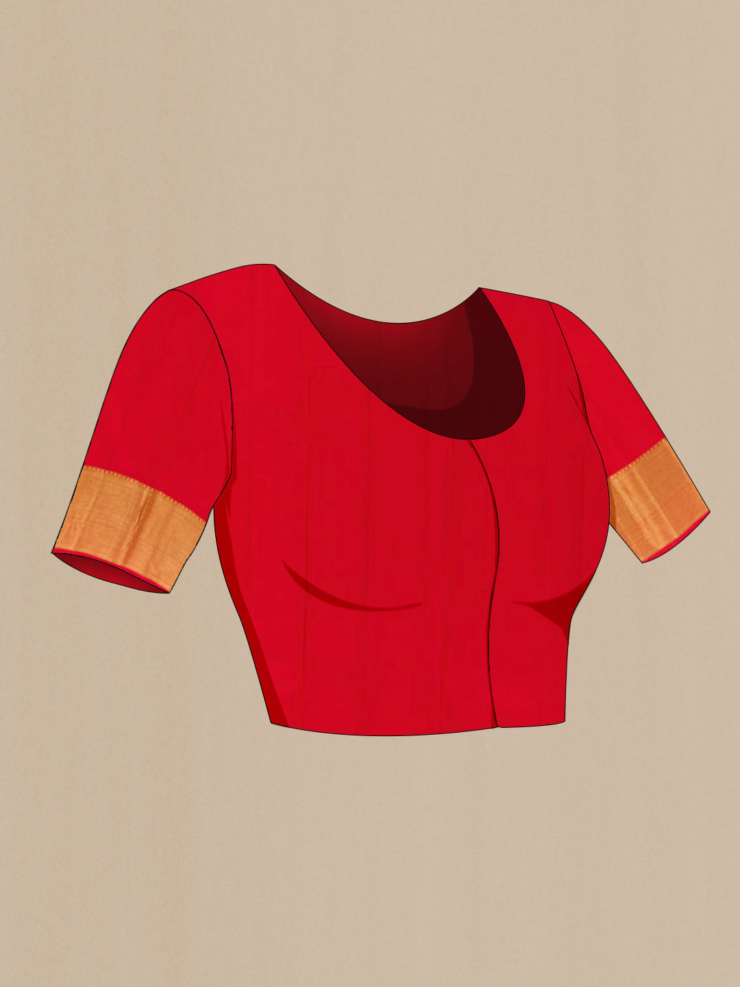 Close up image of the blouse of Red Kanjivaram Silk Saree with Zari Butta on the body and Zari Border. 