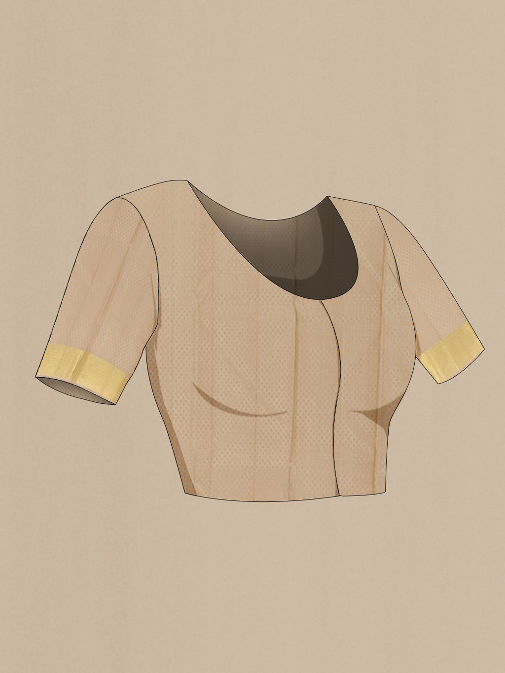 Close up image of the blouse of Cream Kanjivaram Silk Saree with Jacquard With Zari Butta on the body and Zari Border. 