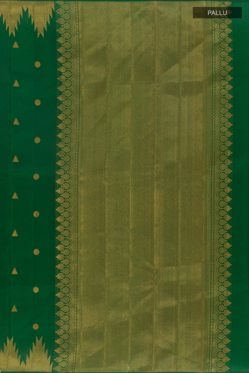 Close up image of the pallu of Green Kanjivaram Silk Saree with Zari Butta on the body and Zari Border. 