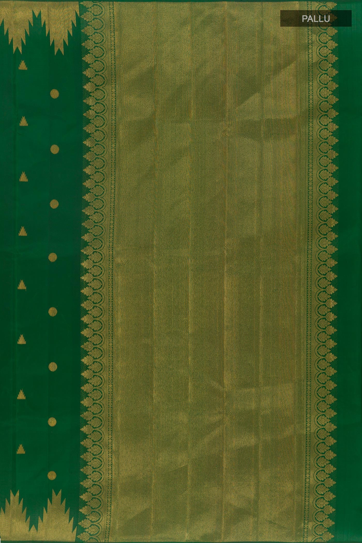 Close up image of the pallu of Green Kanjivaram Silk Saree with Zari Butta on the body and Zari Border. 
