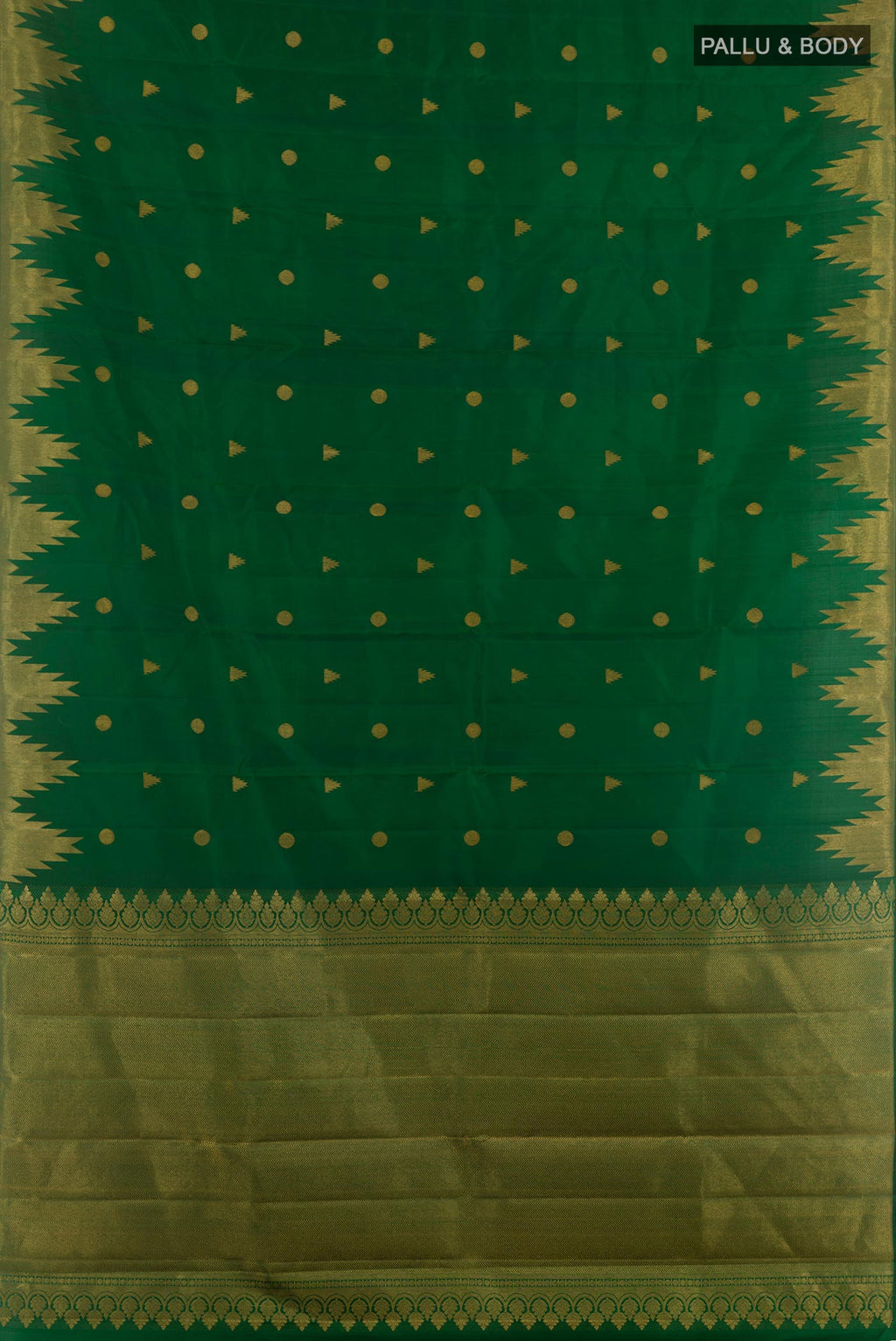 Flat view of Green Kanjivaram Silk Saree with Zari Butta on the body and Zari Border. 