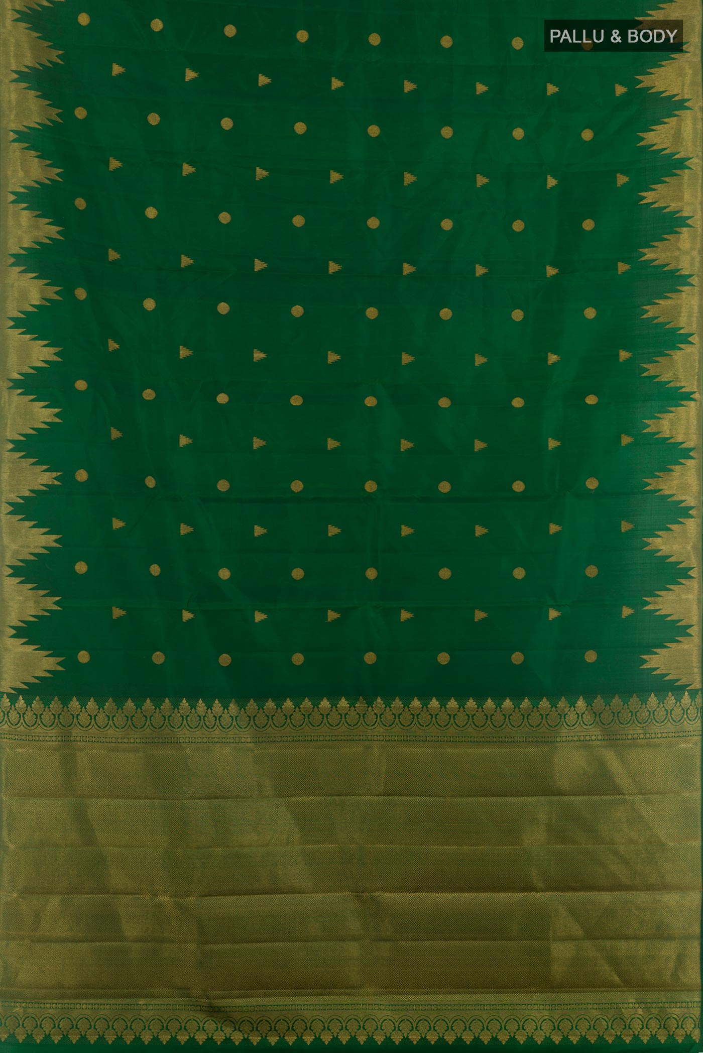 Flat view of Green Kanjivaram Silk Saree with Zari Butta on the body and Zari Border. 