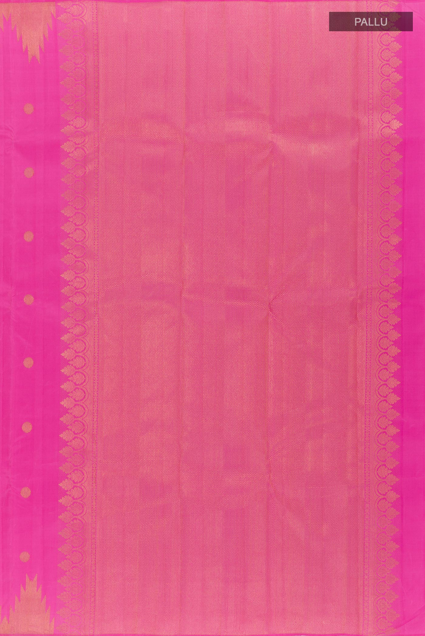 Close up image of the pallu of Pink Kanjivaram Silk Saree with Zari Butta on the body and Zari Border. 