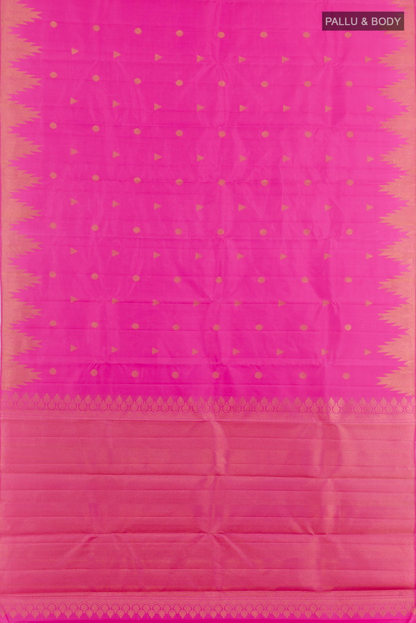 Flat view of Pink Kanjivaram Silk Saree with Zari Butta on the body and Zari Border. 