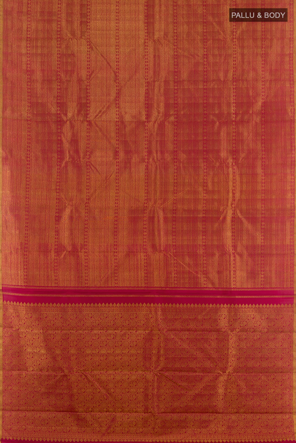 Flat view of Maroon Kanjivaram Silk Saree with Zari Brocade on the body and Zari Border. 