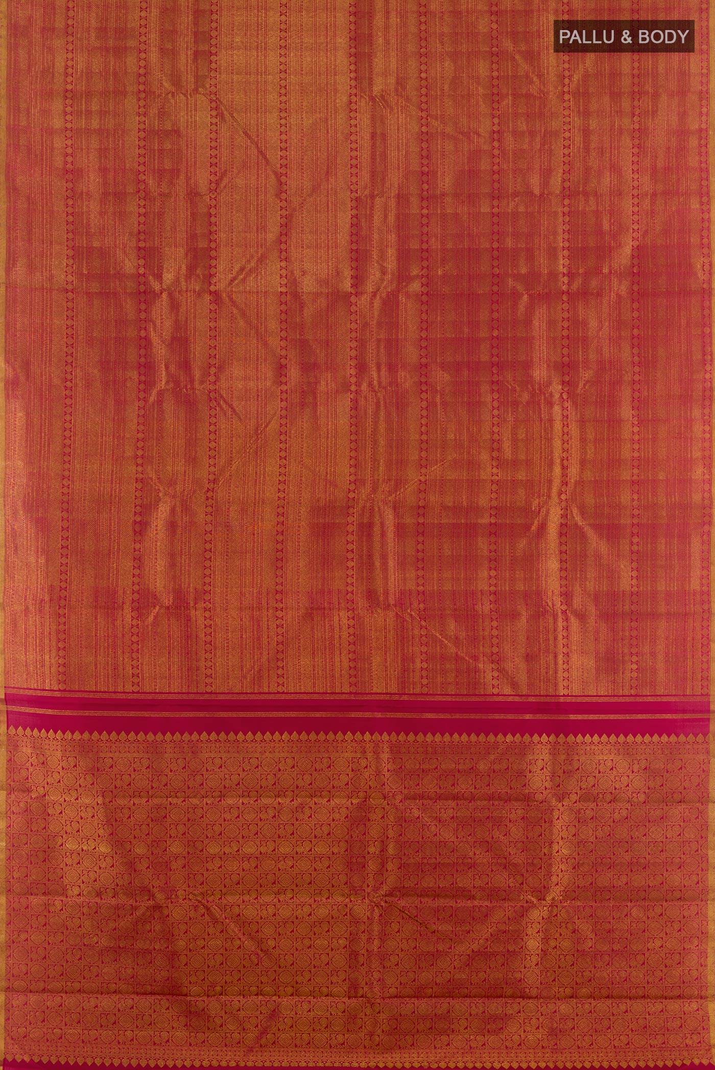 Flat view of Maroon Kanjivaram Silk Saree with Zari Brocade on the body and Zari Border. 