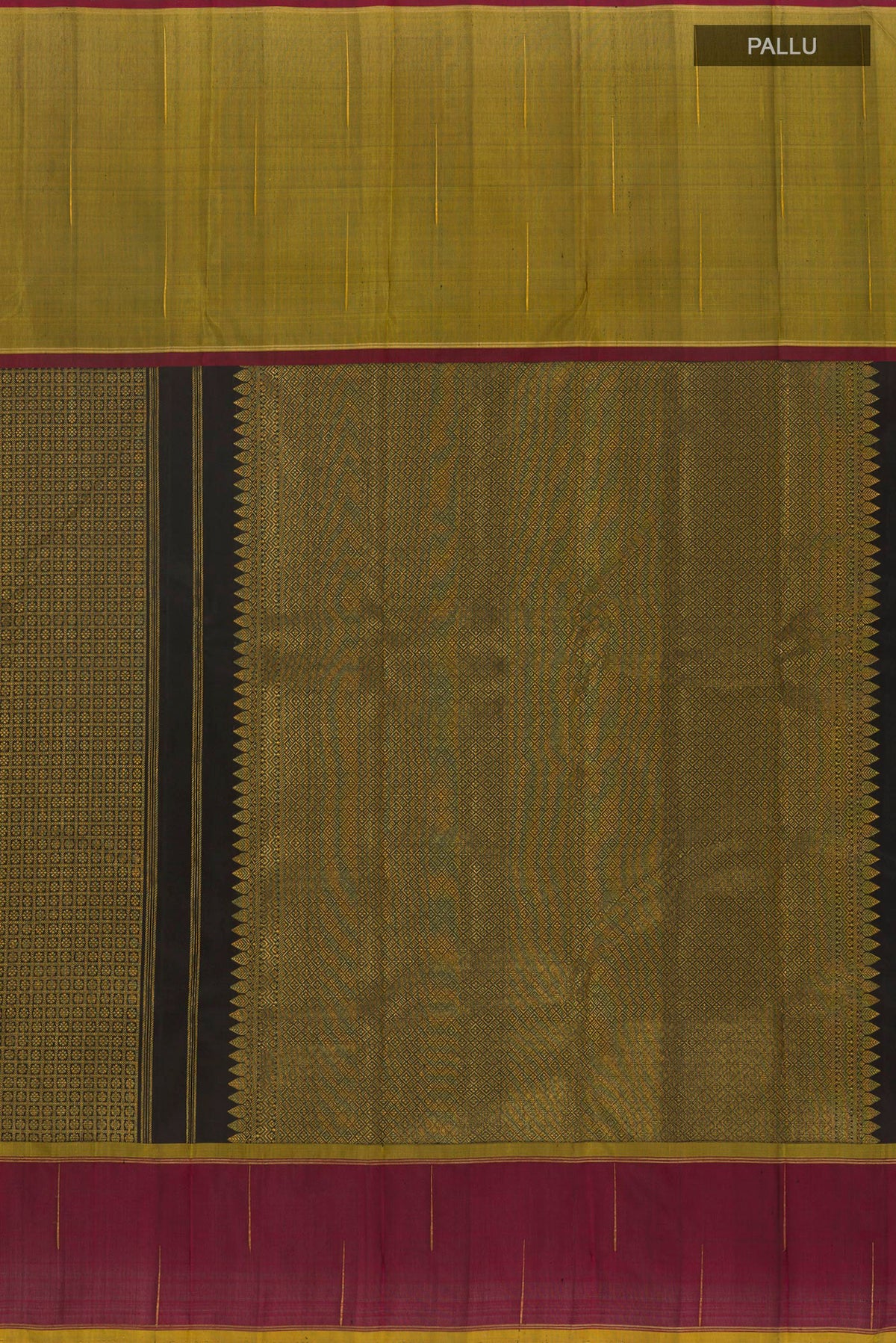 Close up image of the pallu of Black Kanjivaram Silk Saree with Zari Brocade on the body and Ganga Jamuna Border. 