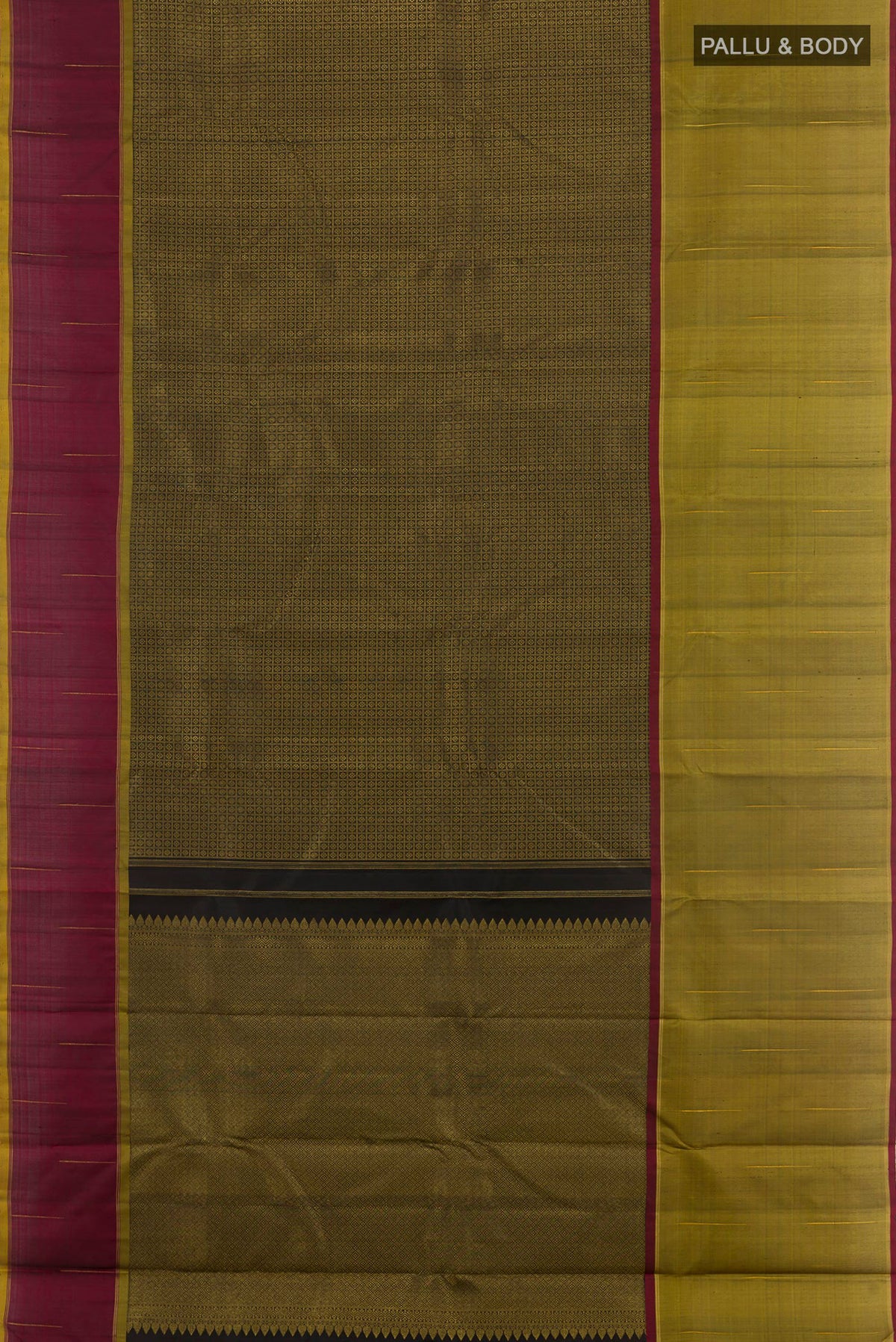 Flat view of Black Kanjivaram Silk Saree with Zari Brocade on the body and Ganga Jamuna Border. 