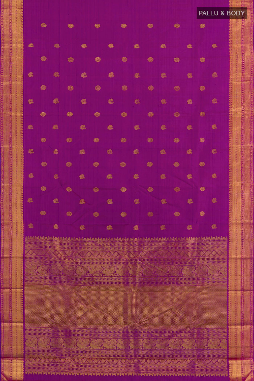 Flat view of Purple Kanjivaram Silk Saree with Zari Butta on the body and Zari Border. 