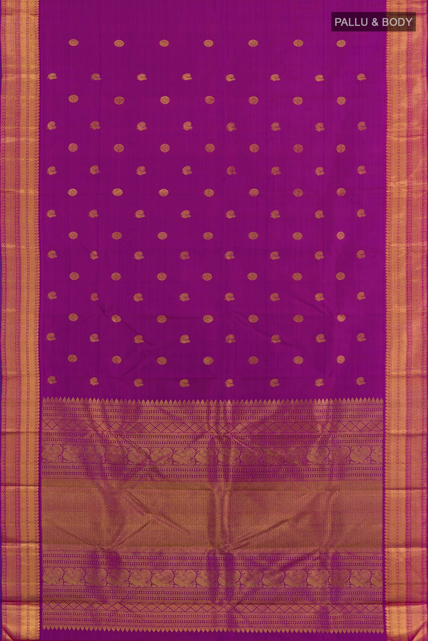 Flat view of Purple Kanjivaram Silk Saree with Zari Butta on the body and Zari Border. 