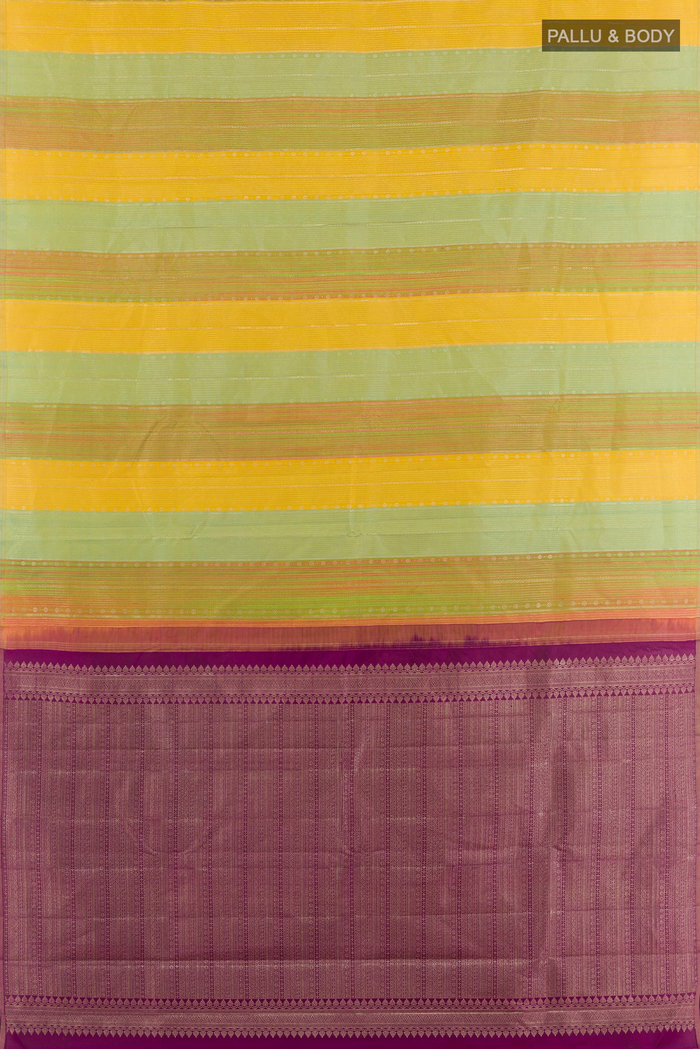 Flat view of Yellow Kanjivaram Silk Saree with Stripes on the body and Zari Border. 