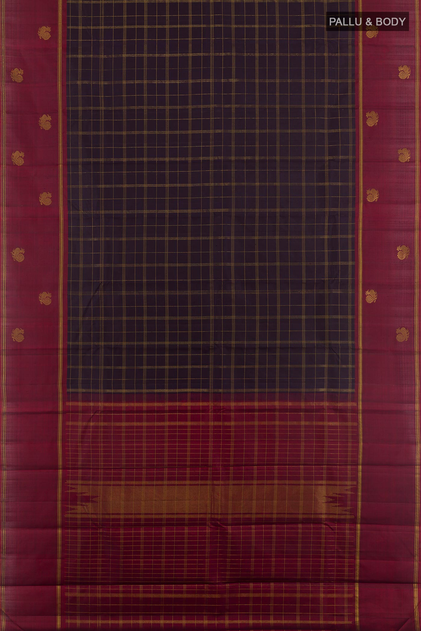Flat view of Black Kanchipuram Silk Saree with Checked design on the body and Zari Border. 