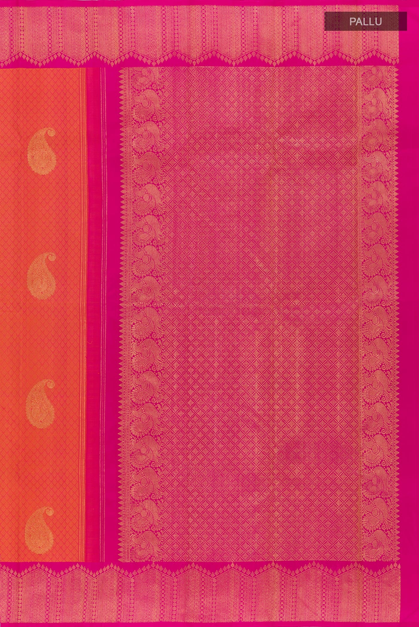 Close up image of the pallu of Peach Kanchipuram Silk Saree with Jacquard With Zari Butta on the body and Zari Border. 