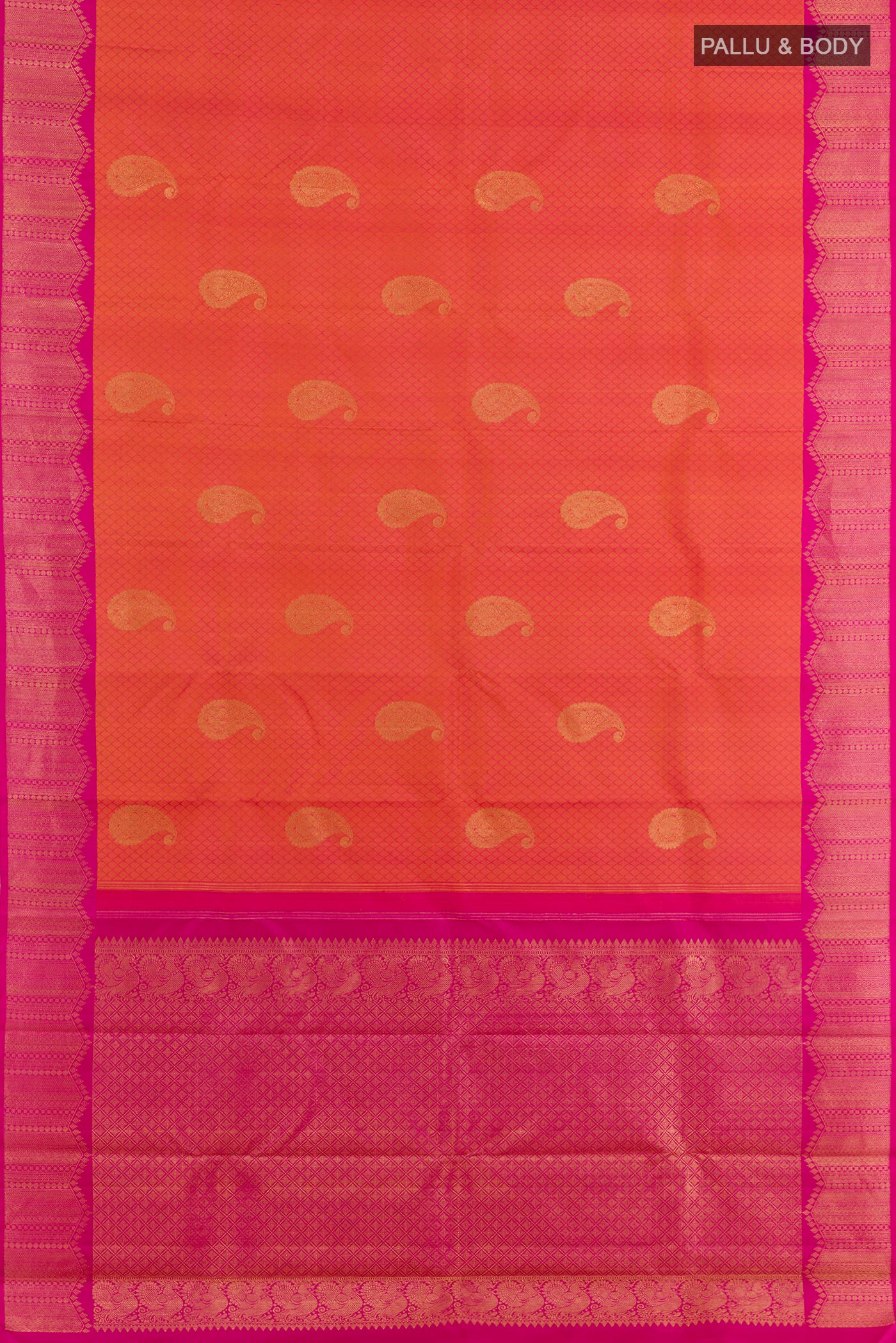Flat view of Peach Kanchipuram Silk Saree with Jacquard With Zari Butta on the body and Zari Border. 