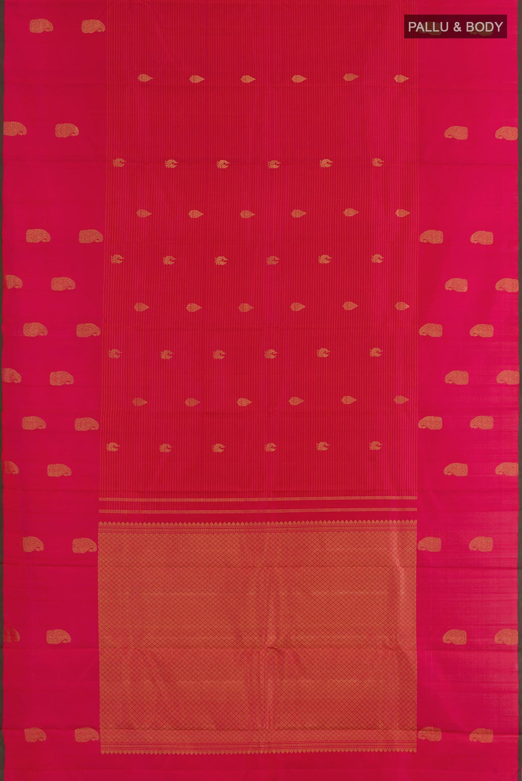 Flat view of Pink Kanjivaram Silk Saree with Zari Butta on the body and Zari Border. 