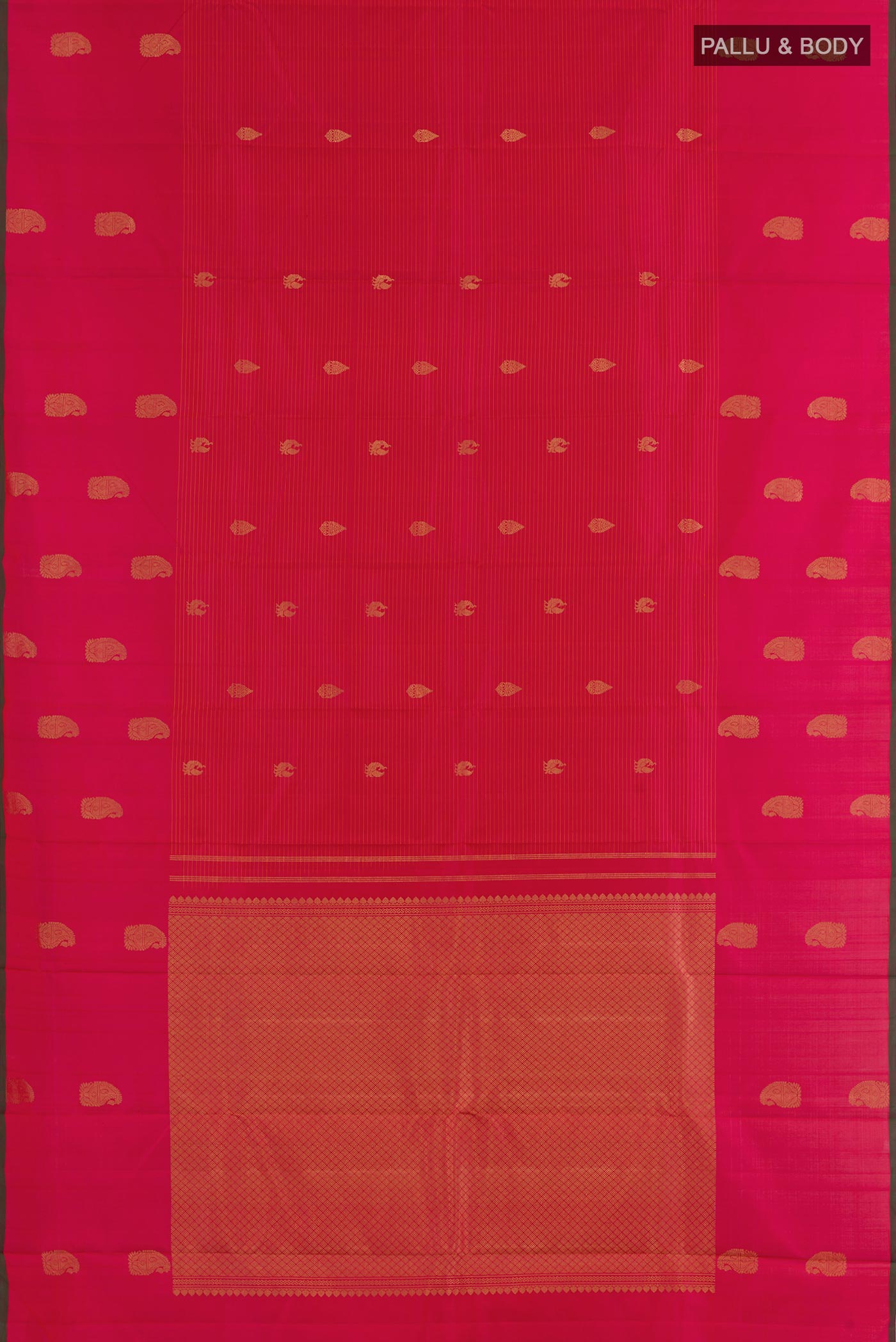 Flat view of Pink Kanjivaram Silk Saree with Zari Butta on the body and Zari Border. 