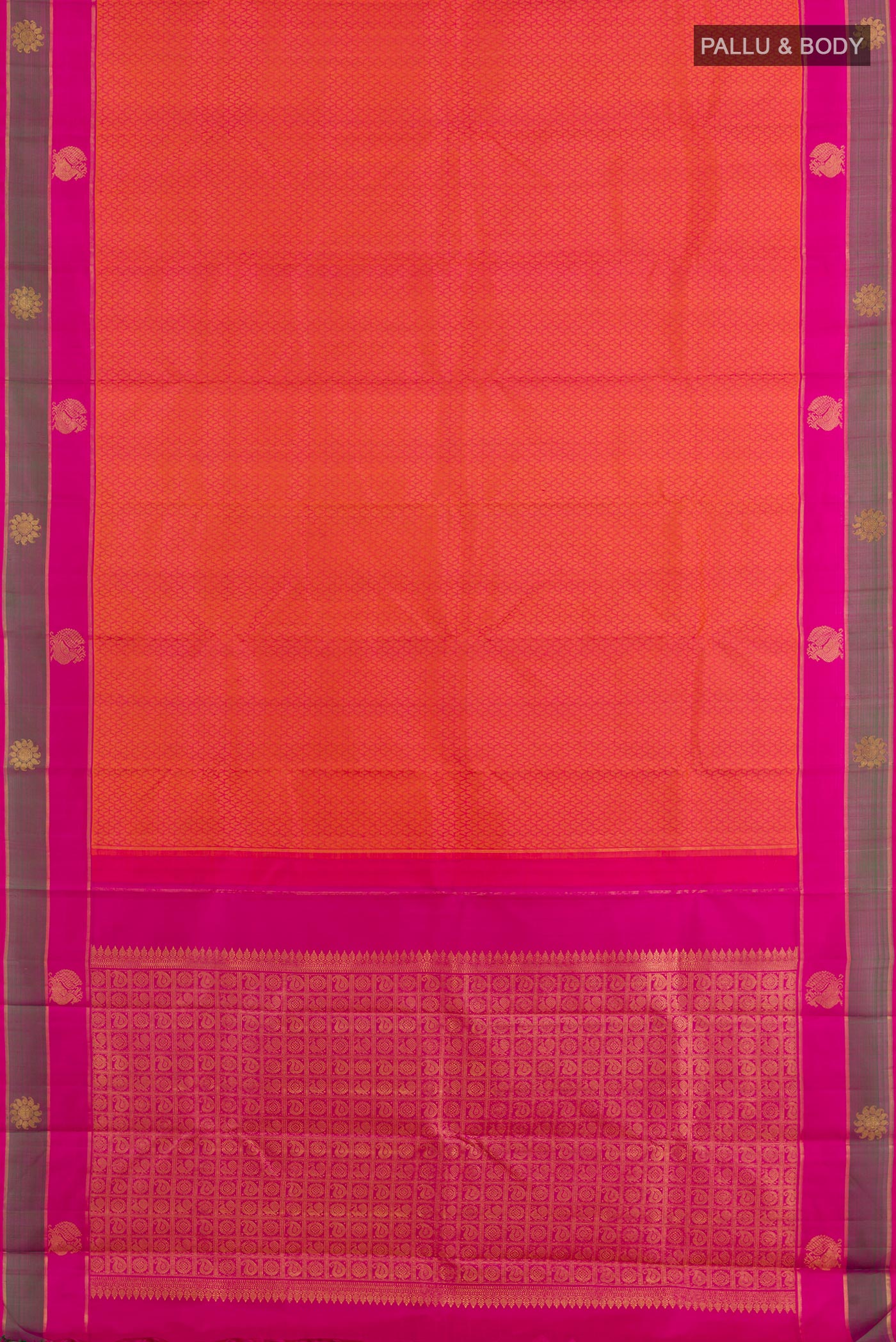 Flat view of Peach Kanjivaram Silk Saree with Jacquard design on the body and Zari Border. 