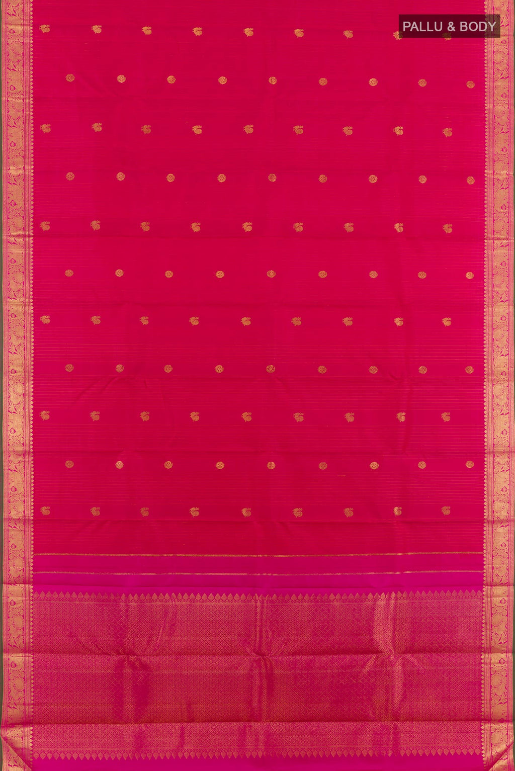 Flat view of Pink Kanjivaram Silk Saree with Stripes on the body and Zari Border. 