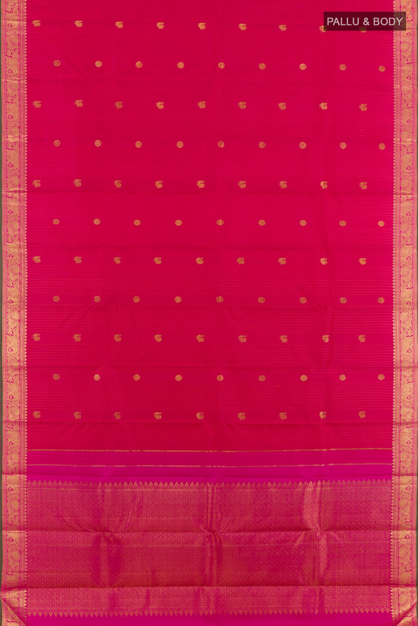 Flat view of Pink Kanjivaram Silk Saree with Stripes on the body and Zari Border. 