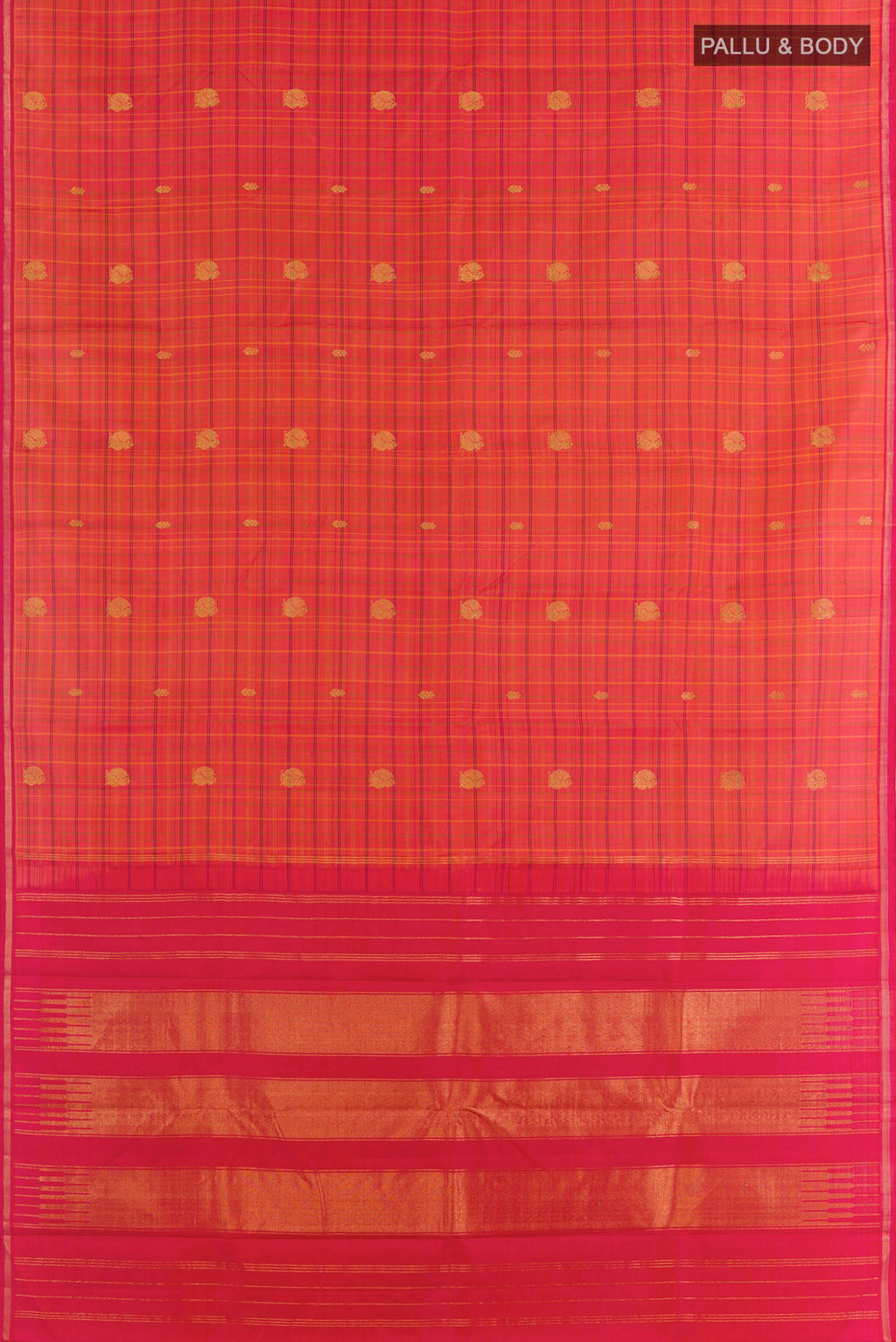 Flat view of Peach Kanjivaram Silk Saree with Checked design on the body and Zari Border. 