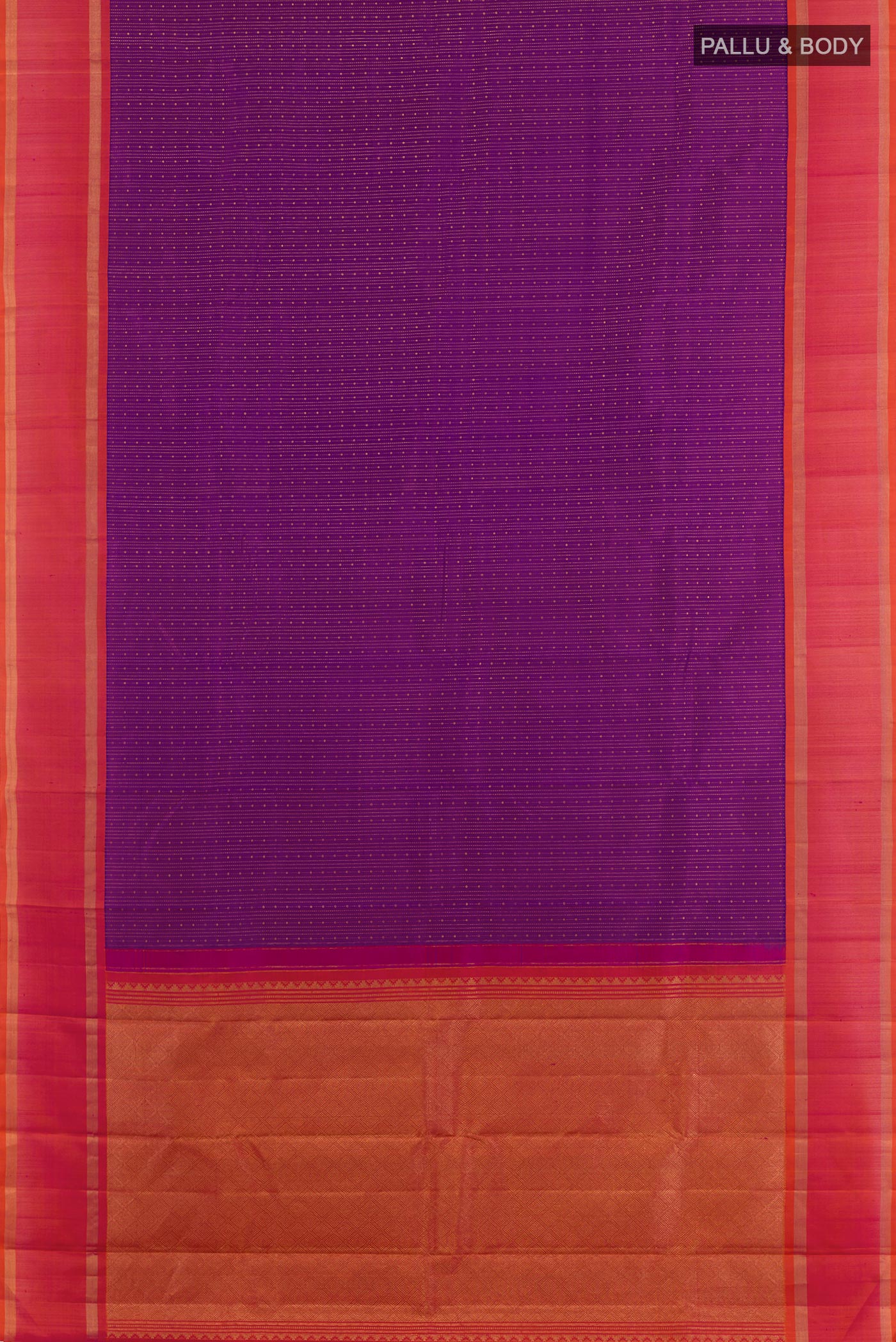 Flat view of Purple Kanchipuram Silk Saree with Stripes on the body and Zari Border. 