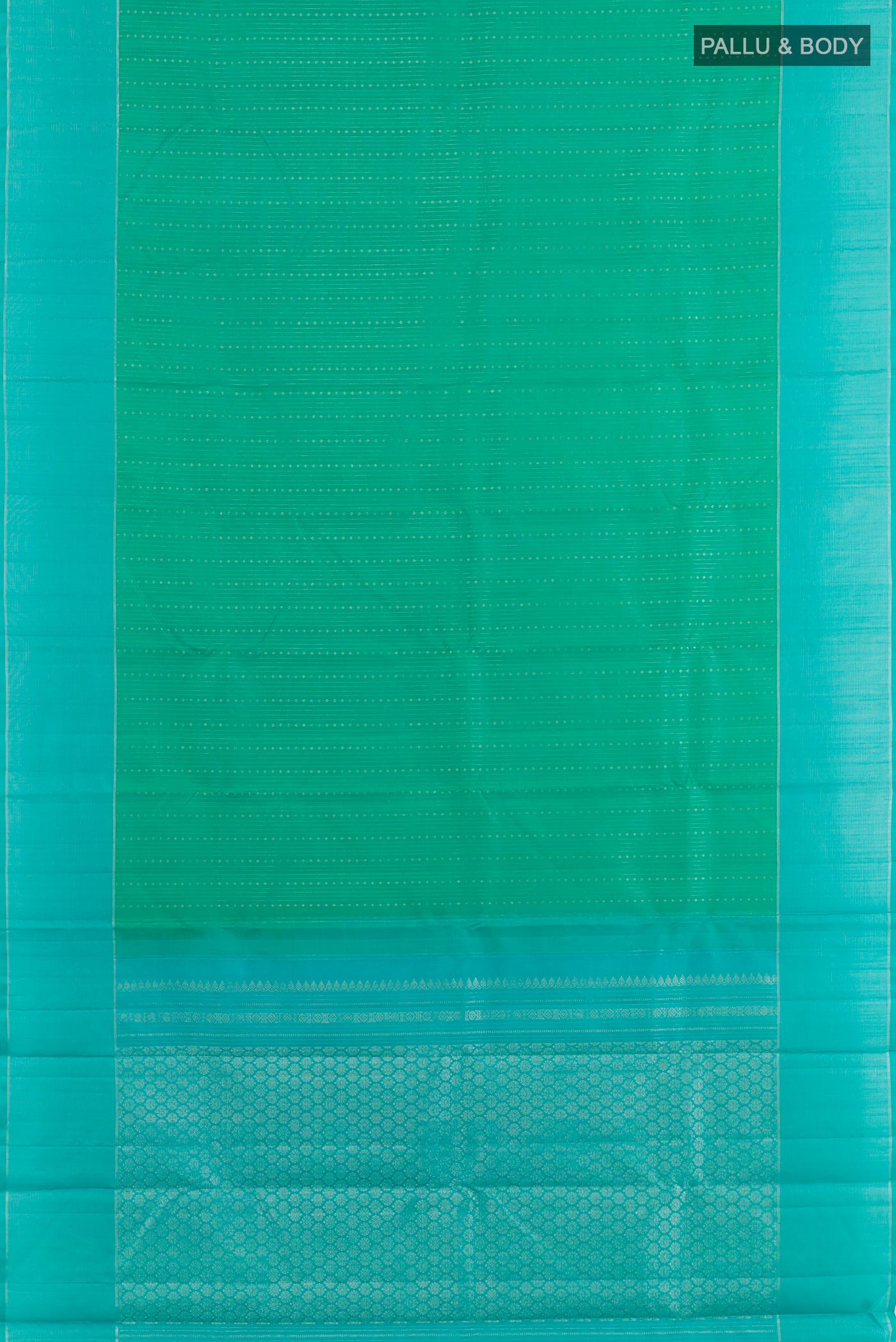 Flat view of Sea Green Kanchipuram Silk Saree with Stripes on the body and Zari Border. 