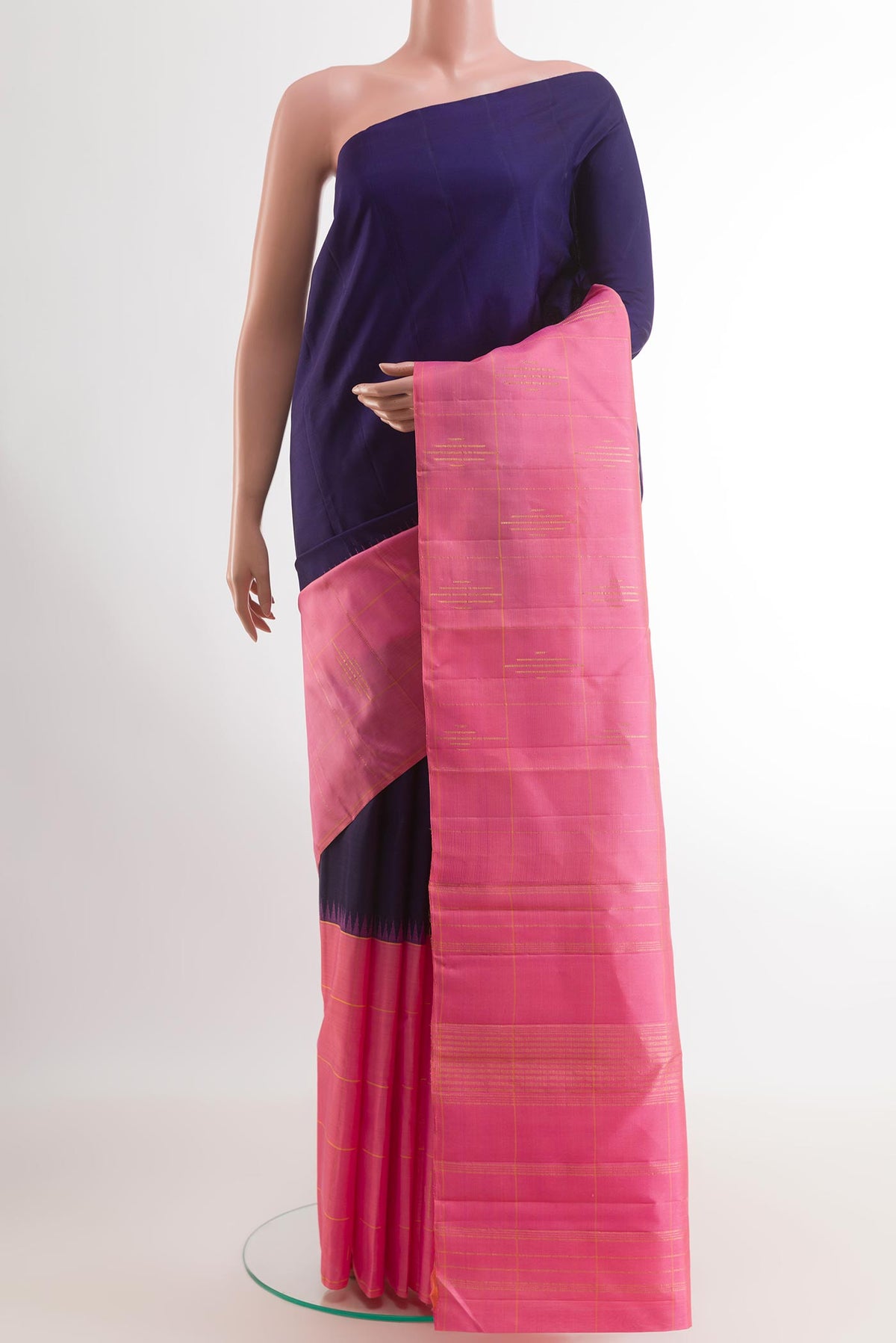 Blue Kanchipuram Silk Saree with Plain Body and Zari Border.  displayed on a mannequin